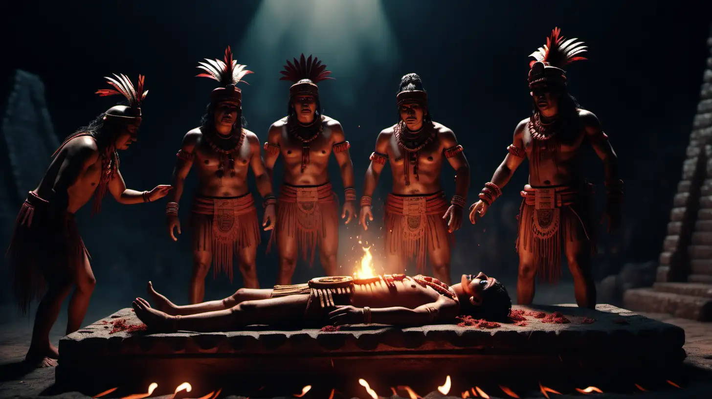 Aztecas haciendo sacrificios humanos, imagen ultra realista, iluminación cinemática, alta definición,8k