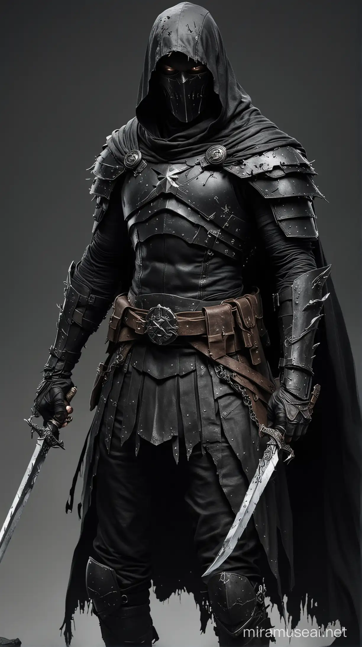 The dark Commander. He wears all black armor. He wears a hood over his head. His face has many scars. He has a torn cape. He wields a black bladed sword. His armor is battle damaged 