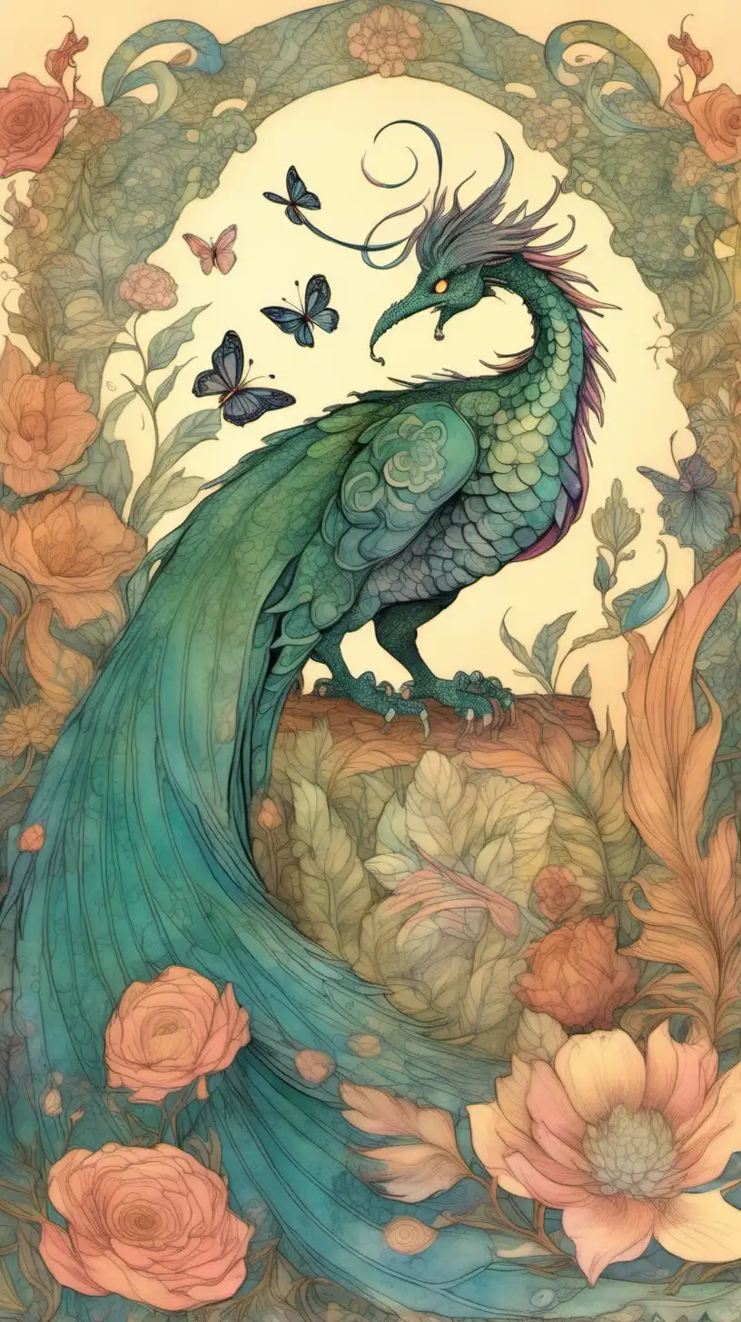 in the style of a dulac fairytale illustration, a beautiful dragonbird with feathers instead of scales, a sweeping tail with many feathers, feathers wings, guarding his bower made of flowers, a small butterfly in attendance, pastels
