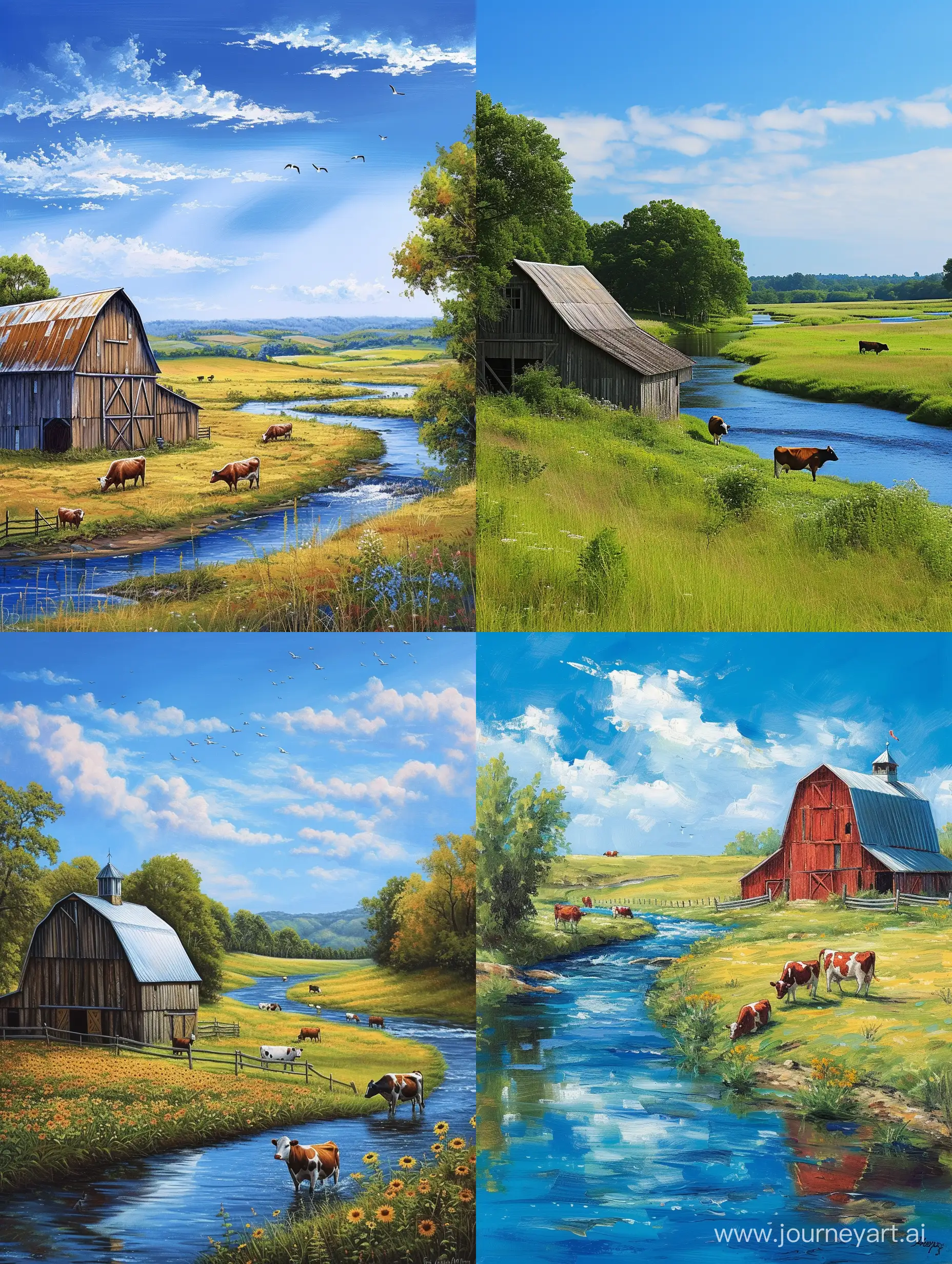 Serene-Meadow-Scene-with-Barn-Cows-and-Flowing-River-under-a-Blue-Sky