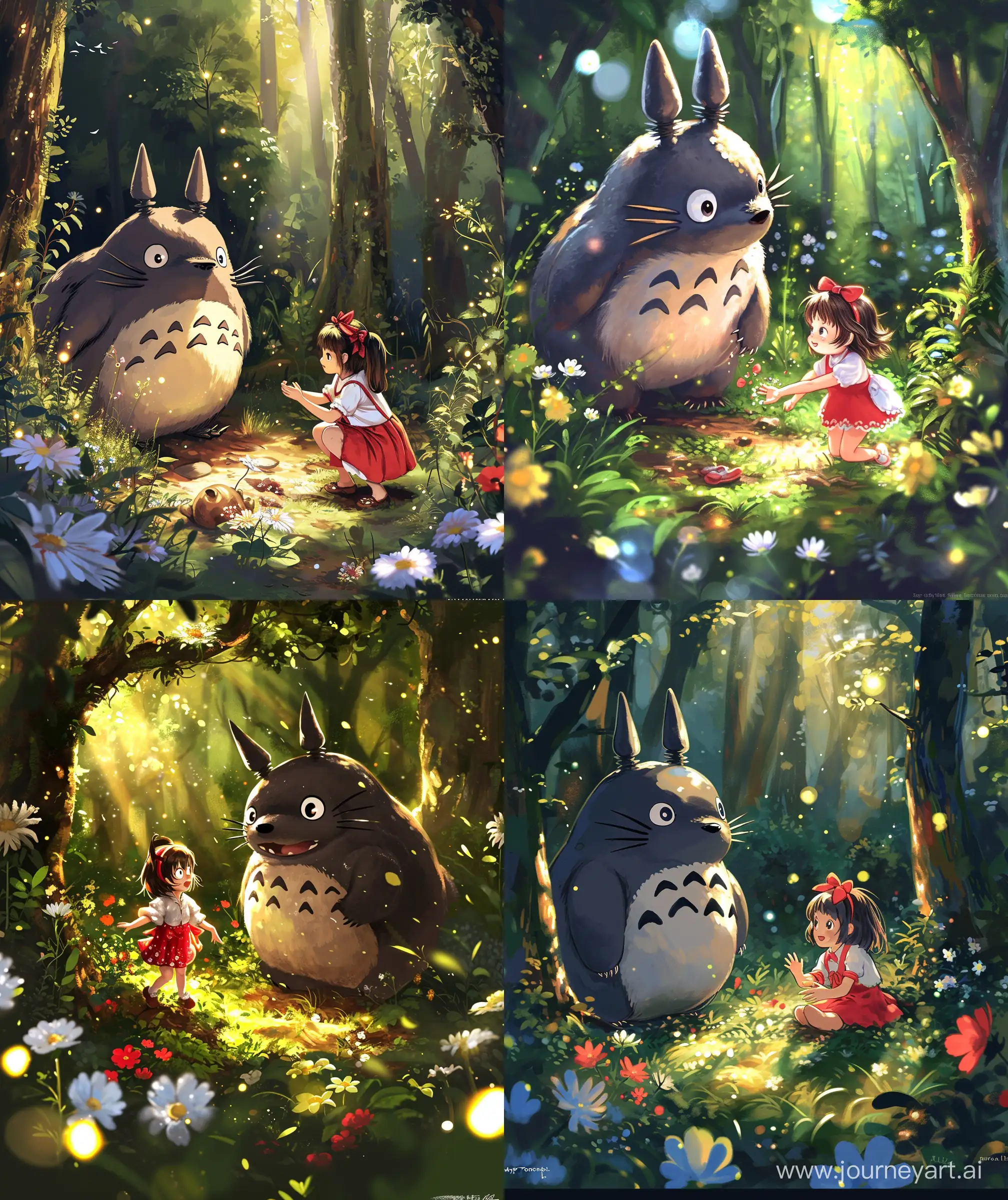 A beautiful and cute Totoro and a cute girl (( from my neighbourhood series)), forest , lumination lights, sunlight through forest, curious totoro and girl playing ,happy expression,  forest floor, girl wearing red- white frock, beautiful flowers around, ultra HD, high quality, sharp details,manga nib painting style, mokoto shinkay style, colorfull, --ar 27:32 --v 6 