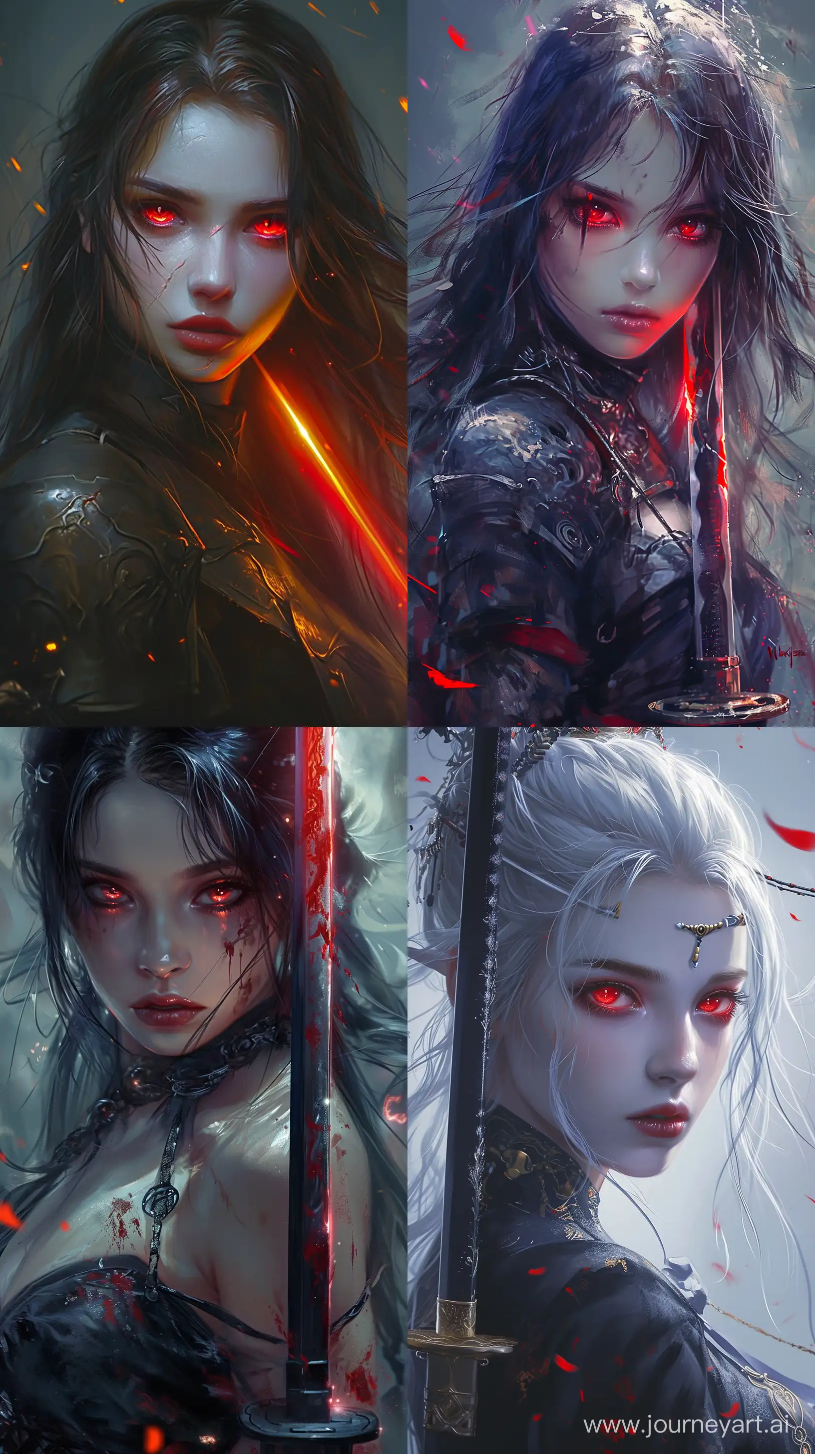 high quality, 8K Ultra HD, A Michael Whelan-style illustration of a beautiful 20 year old female swordsman who resembles Lada with the afterglow of her red eyes, similar to Alessandra Ambrosio, detailed illustration of a fantastic beautiful, paintings with a mysterious touch, by yukisakura, awesome full color, --v 6.0 --ar 9:16