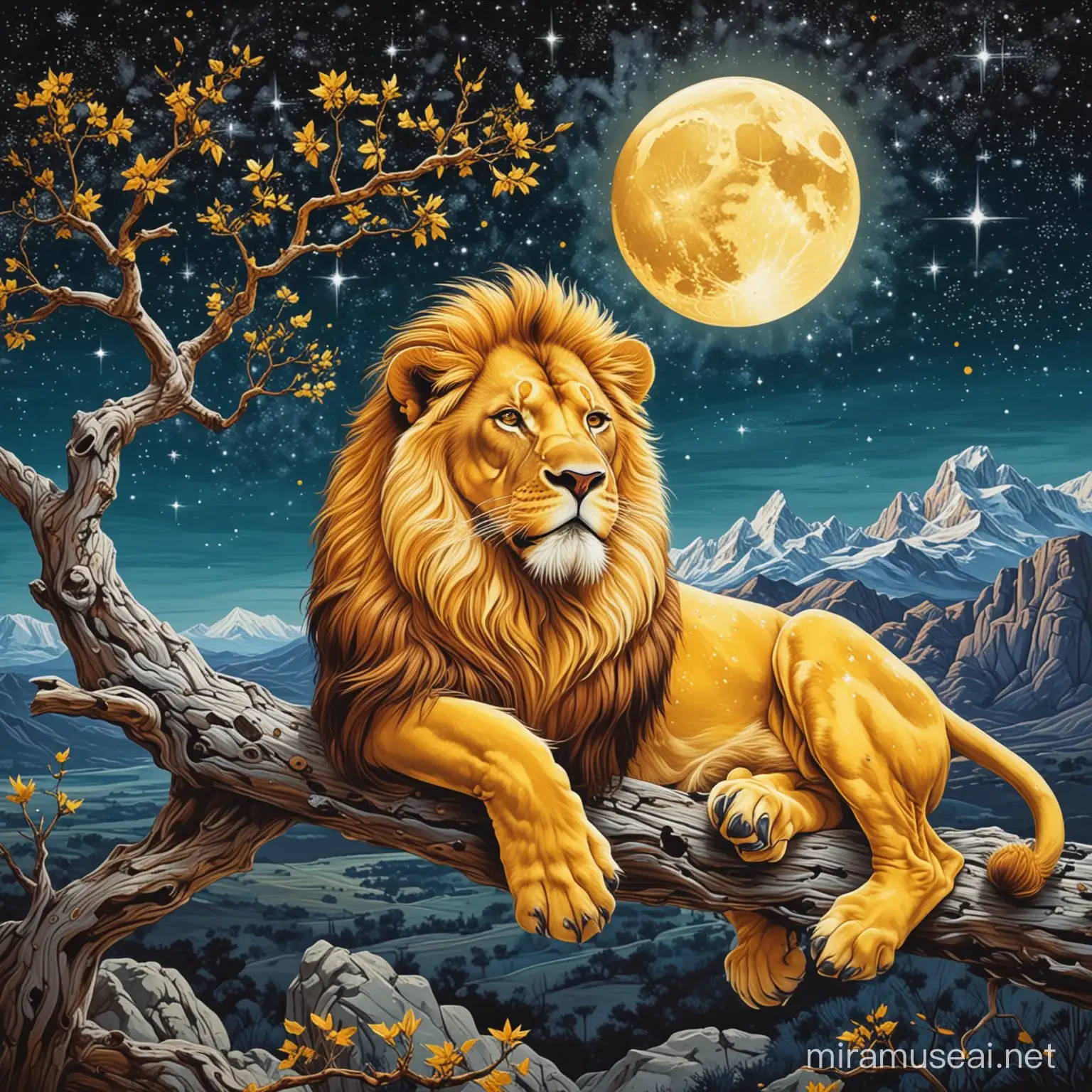 Yellow Lion Resting on a Branch under Starry Sky Vibrant Pop Art Painting