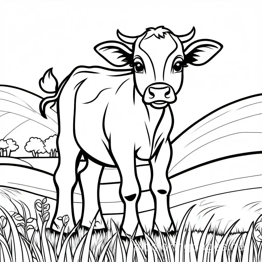 a cute calf in field, Coloring Page, black and white, line art, white background, Simplicity, Ample White Space. The background of the coloring page is plain white to make it easy for young children to color within the lines. The outlines of all the subjects are easy to distinguish, making it simple for kids to color without too much difficulty