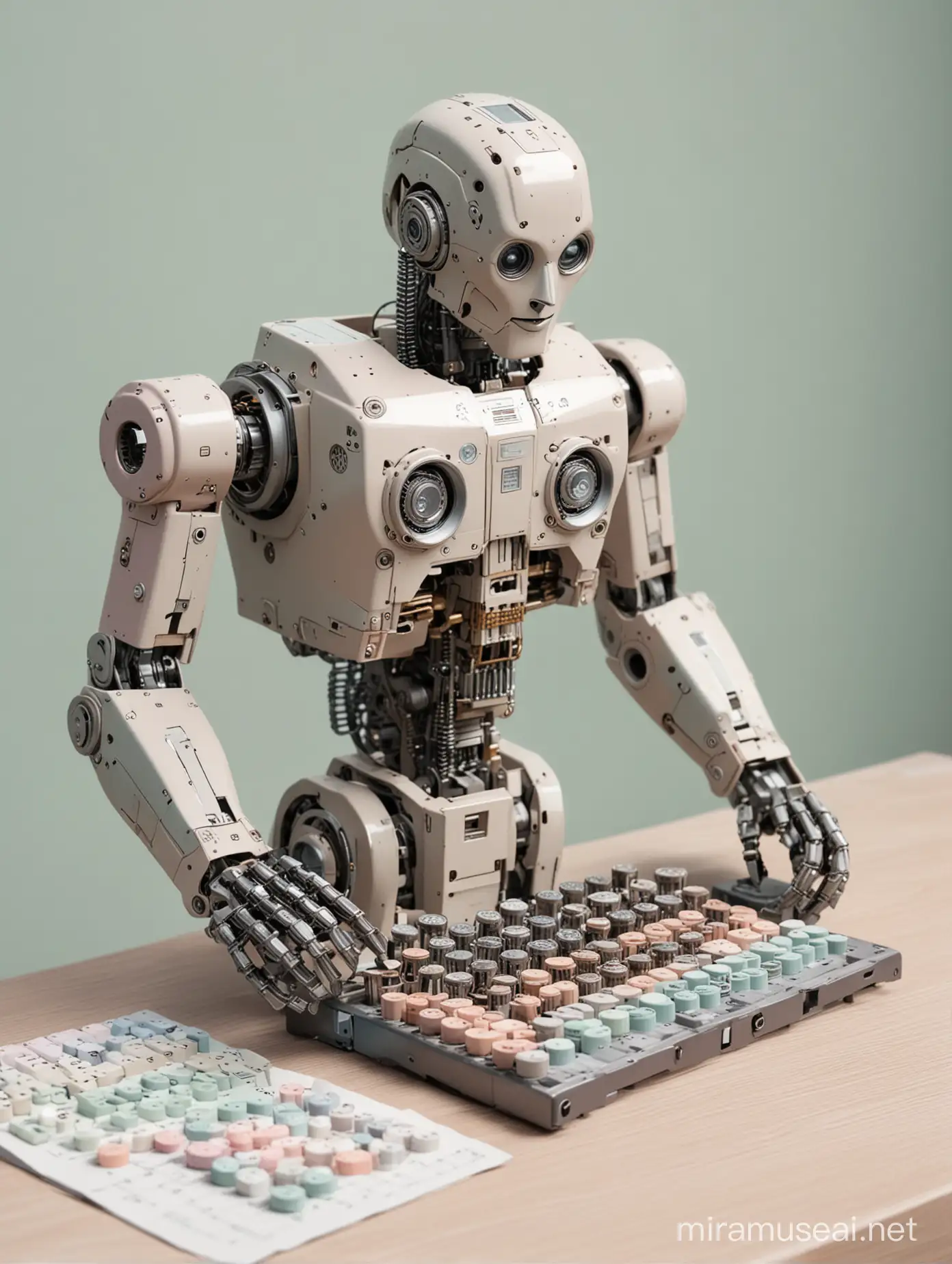 A Calculating machine on a table is being looked at by a metal robot, use muted pastel colors only, high quality