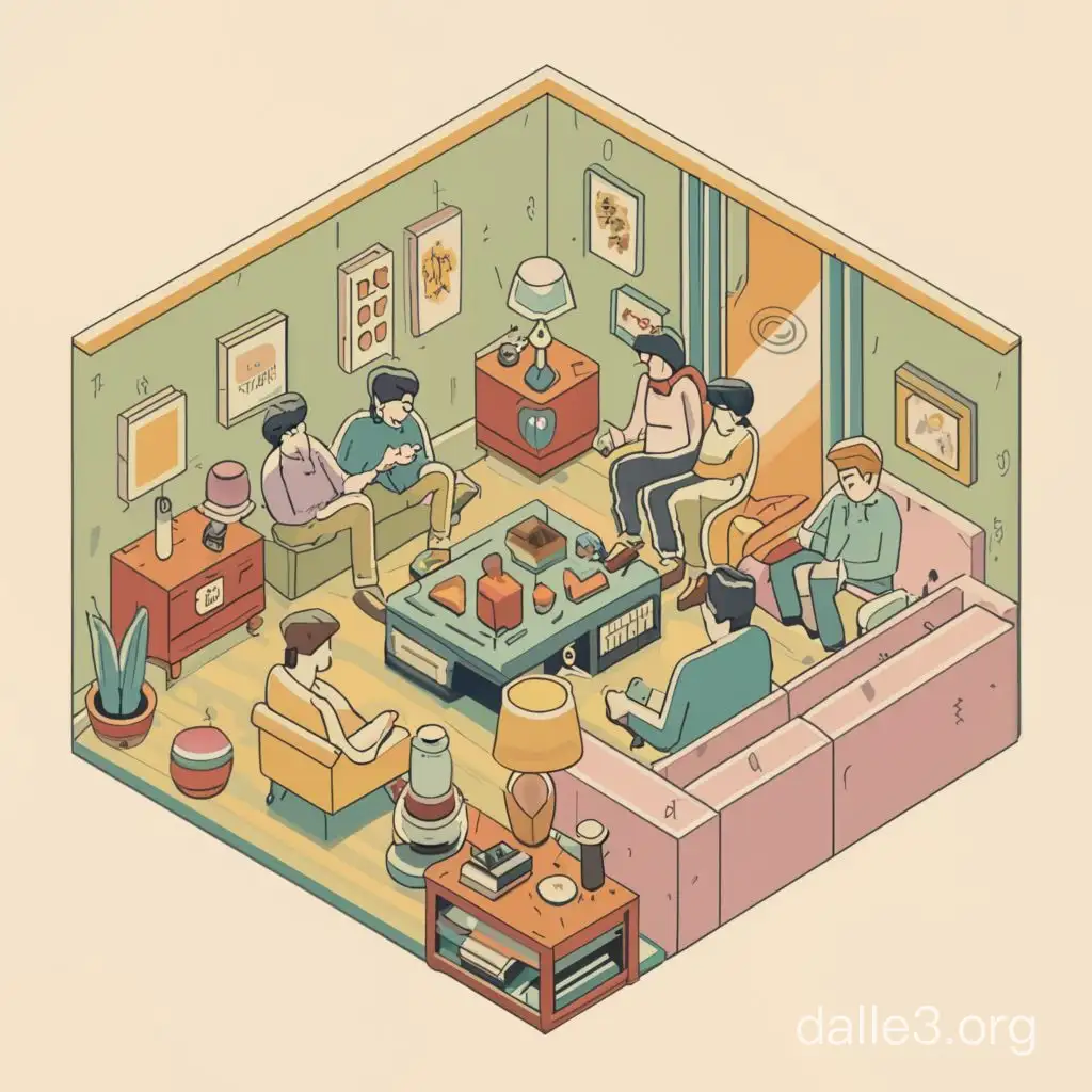 birds eye view cartoon of different people watching television or playing on their phone in a living room in the syle of wes anderson pastel pallete