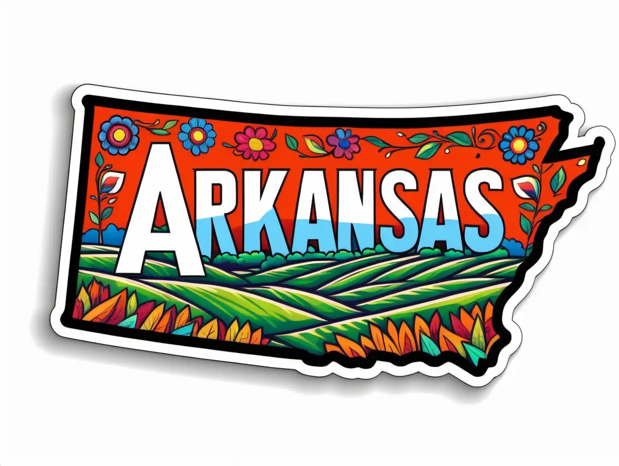 Arkansas State name, Sticker, Hopeful, Bold Colors, Folk Art, Contour, Vector, White Background, Detailed
