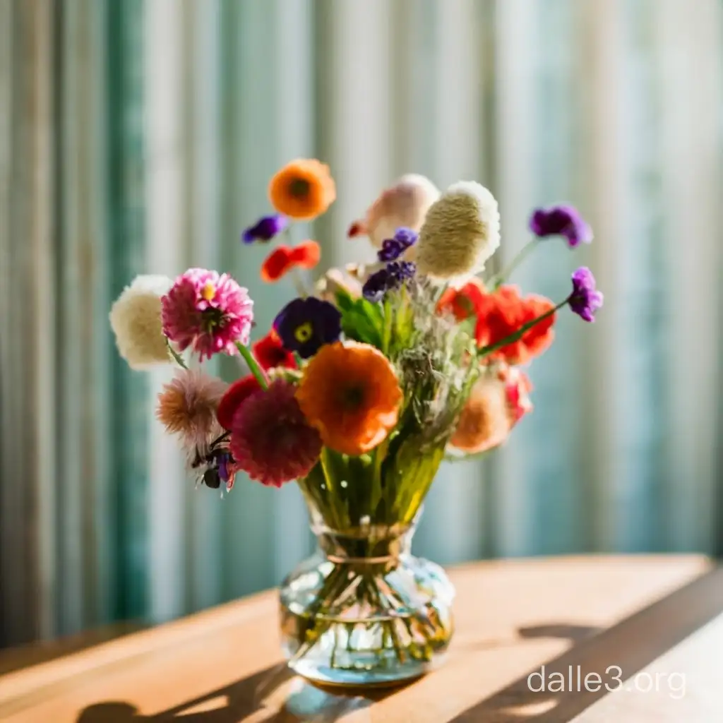 A vase of colorful flowers on the table, backlit