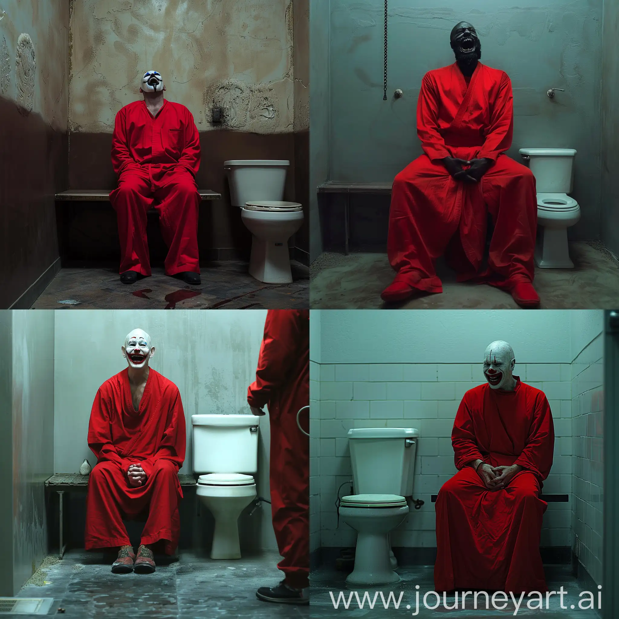 a man in a red robe sitting on a bench, mana blast, psychopath, vweto ii, meme template, full mask, manically laughing, leak, highlight scene of the movie, mantid features, the purge, dd, mango, funny and silly, toilet, watermarked, laughing and joking