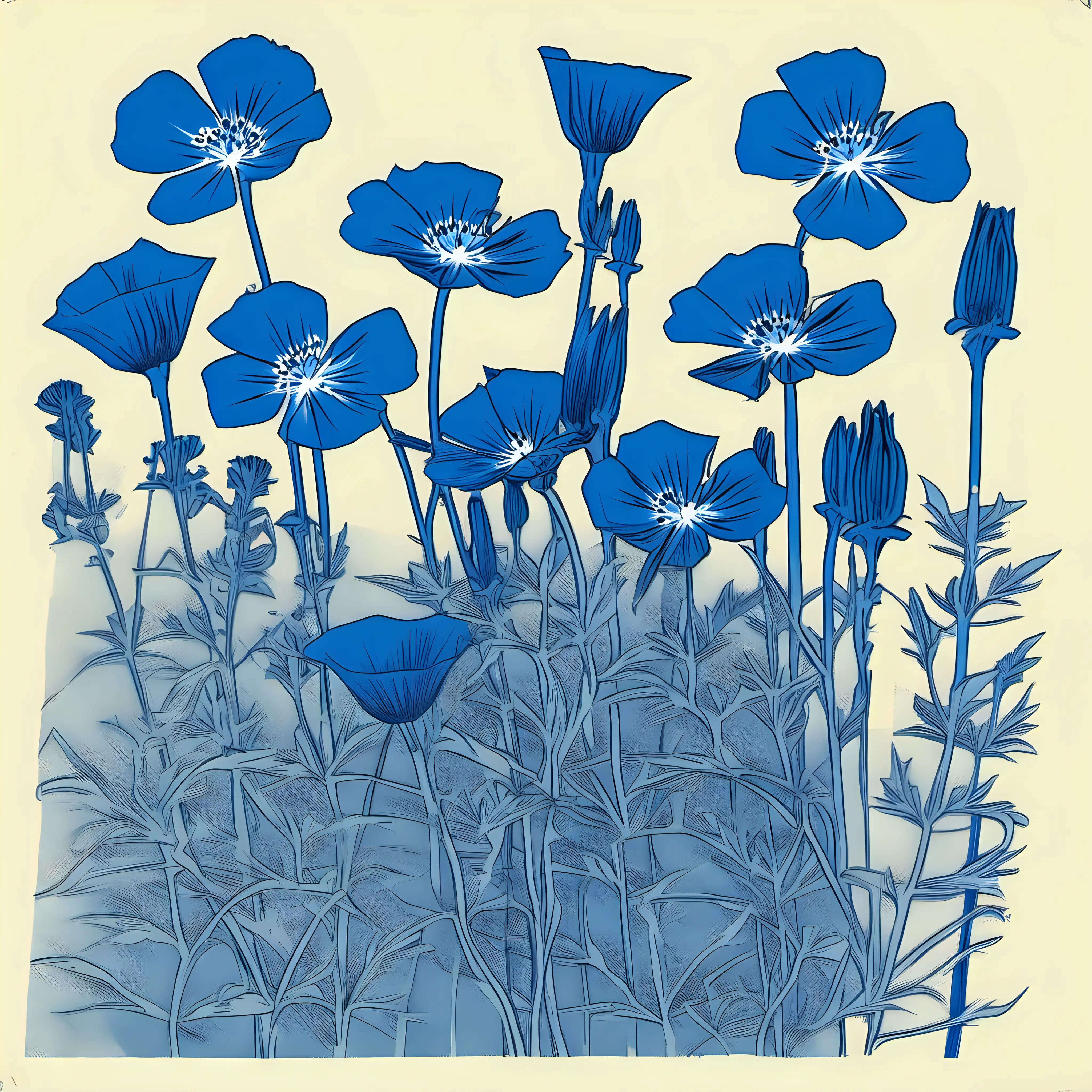 /imagine prompt HAND PRINTED, BLUE NEMOPHILA FLOWERS, BOTANIC ELEGANCE, ANDY WARHOL INSPIRED