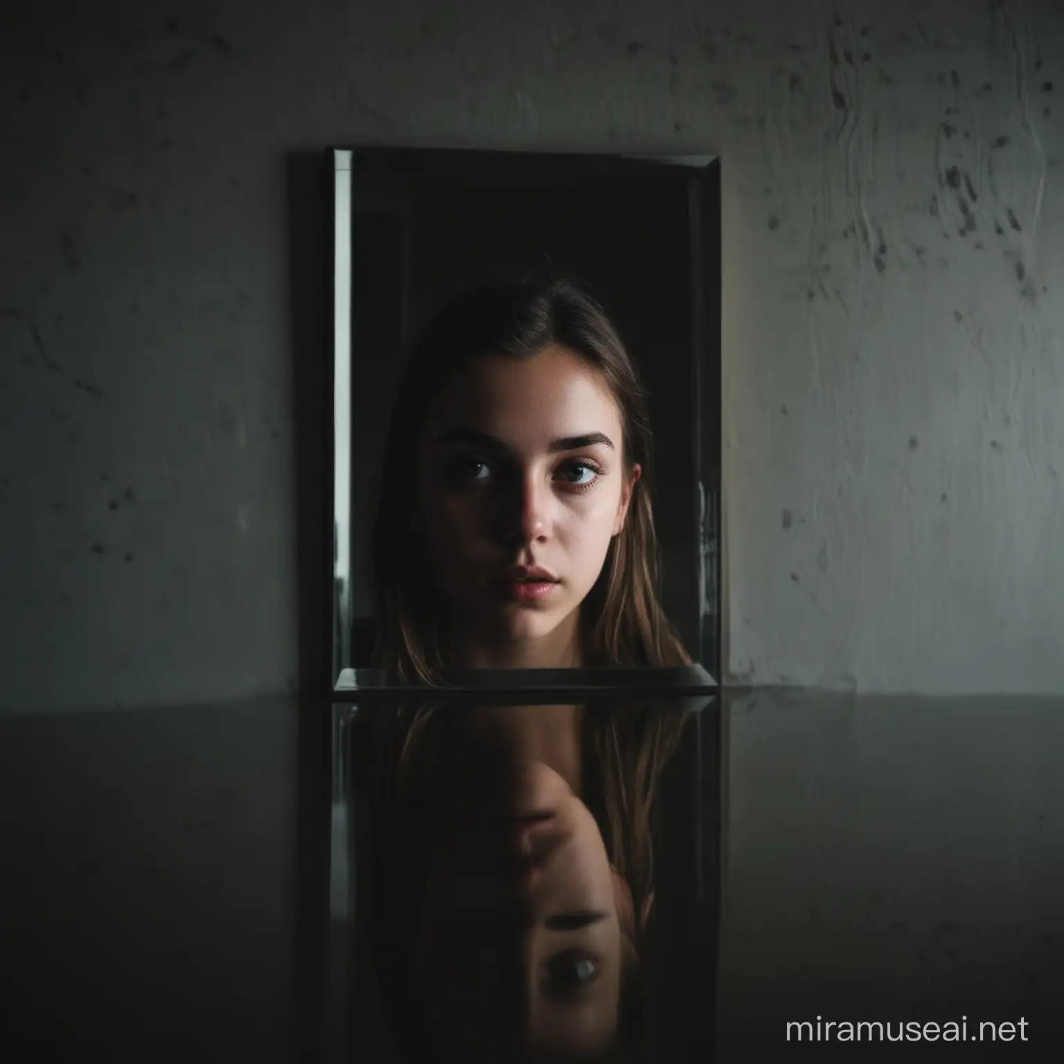 Girl Contemplating in Dark Mirror Reflection