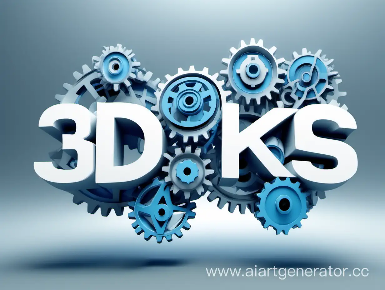 "3DKS", gears, white font, blue gray white, without letters
