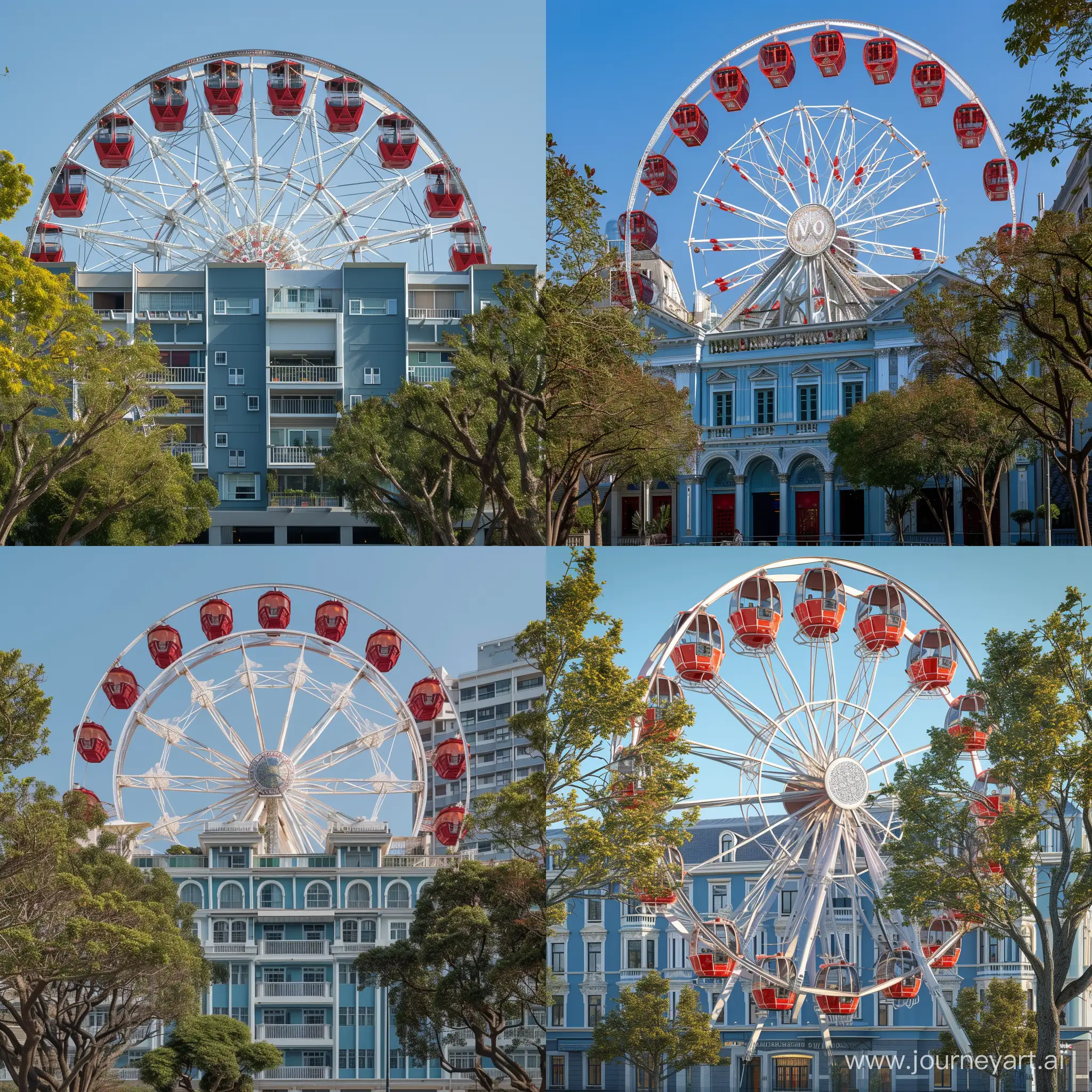 a ferris wheel with red gondolas and a white lattice structure. It is positioned in front of a multi-story building with a blue façade and white detailing. There are trees with green foliage on either side of the ferris wheel and in the foreground. The sky is a clear blue color.