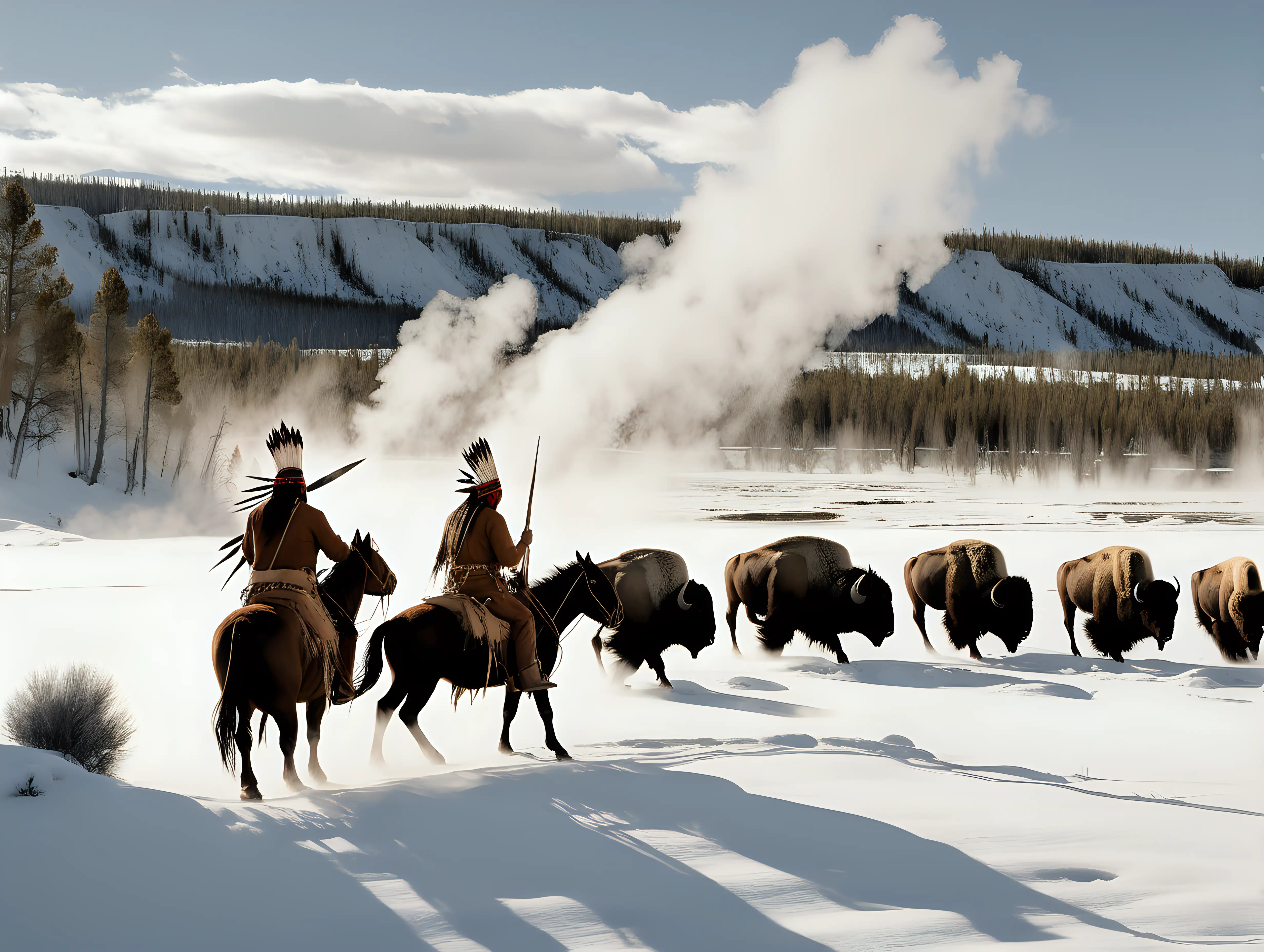 native americans on horseback hunting buffalo in Yellowstone in the winter 