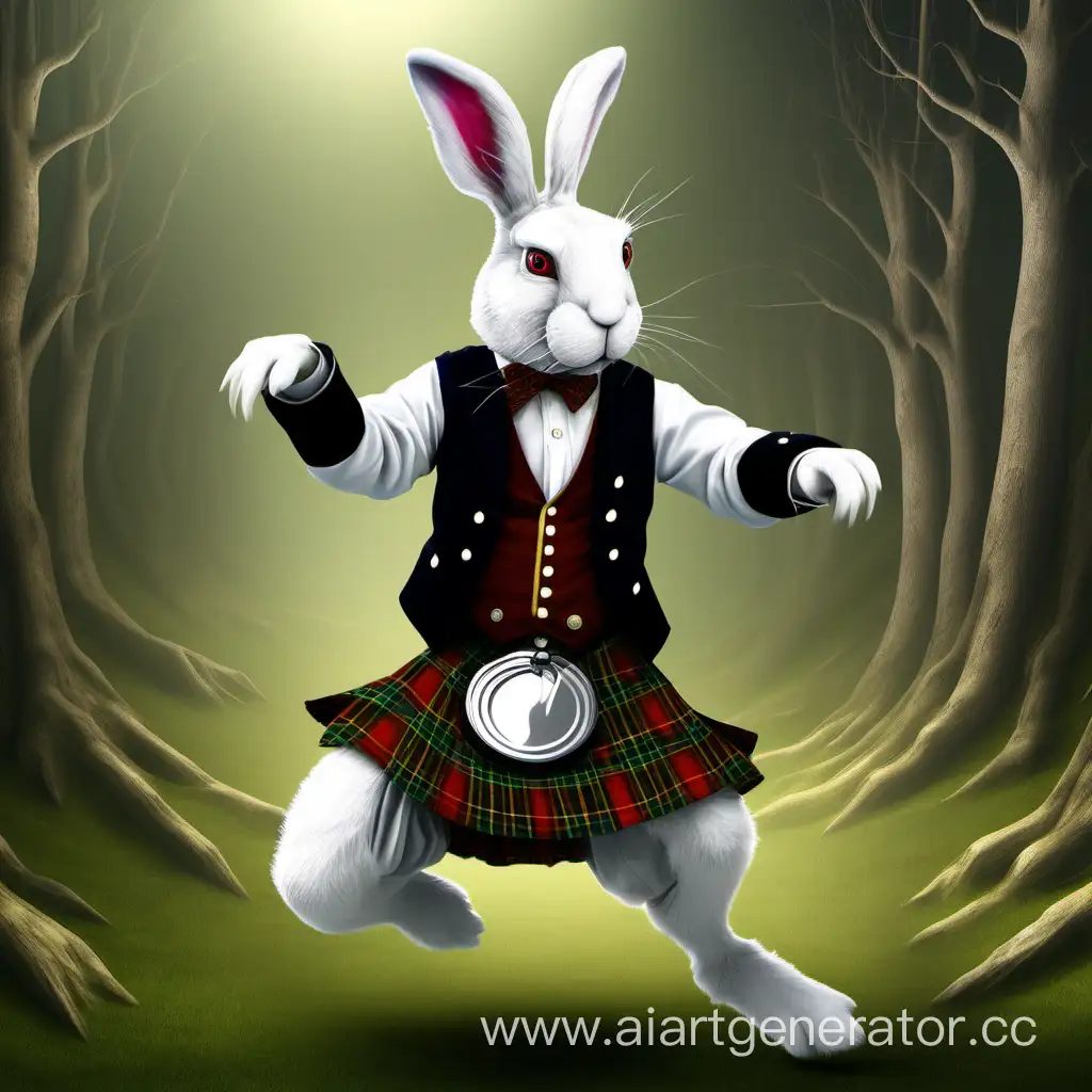 Белый заяц в килте танцует