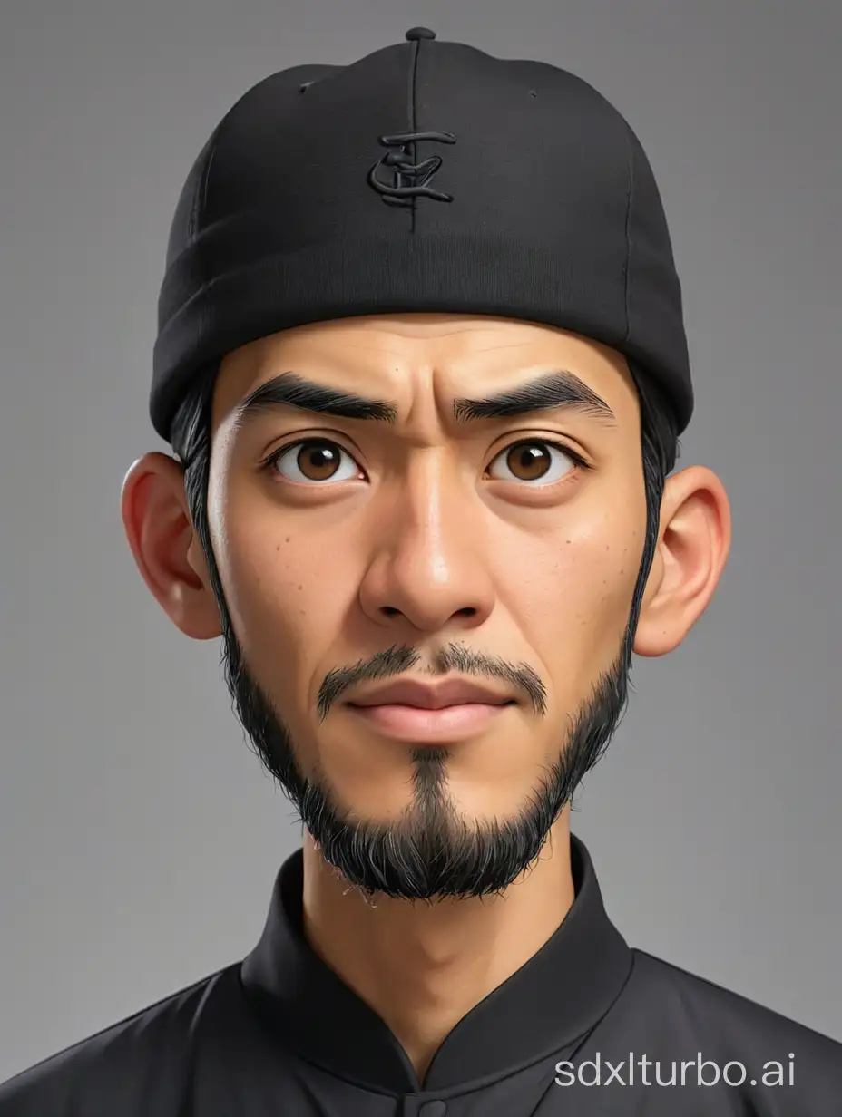 Caricature of a Japanese man with black cap, wearing a black Muslim clothes, gray background