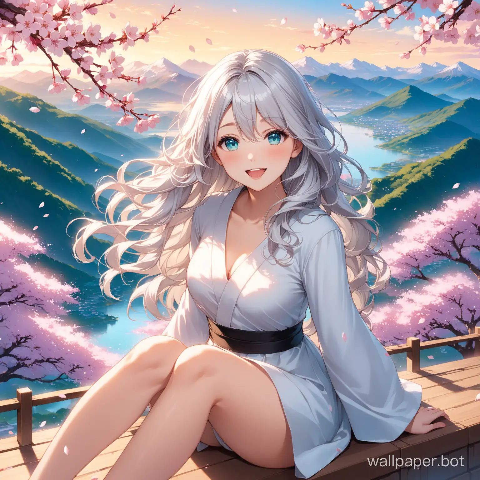 masterpiece,best quality, very aesthetic, absurdres, 1girl, solo, wavy hair, silver hair, floating hair, smile, sitting, open mouth, aqua eyes, looking at viewer, face focus，full body, scenery, mountainous horizon, cherry blossoms, petals,