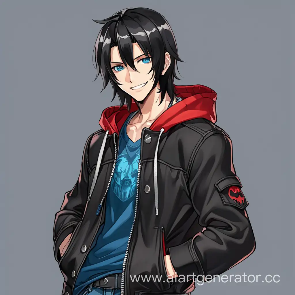 anime guy with medium-length black hair, blue eyes and a grin wearing a black loose jacket with a red hood and blue jeans