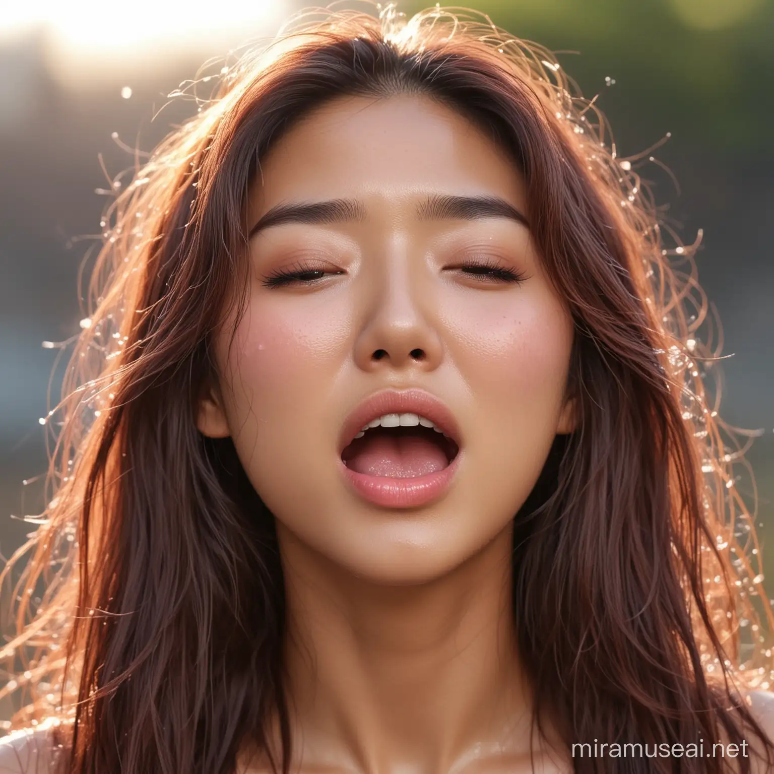 A pretty korean woman, brown skin, slim body, wet natural face, wet natural full lips, long hair gradation pink color, messy hair, happy, open lips yawning expression, sweaty, drinking, close up focus to mouth, high quality and high detailed, bokeh