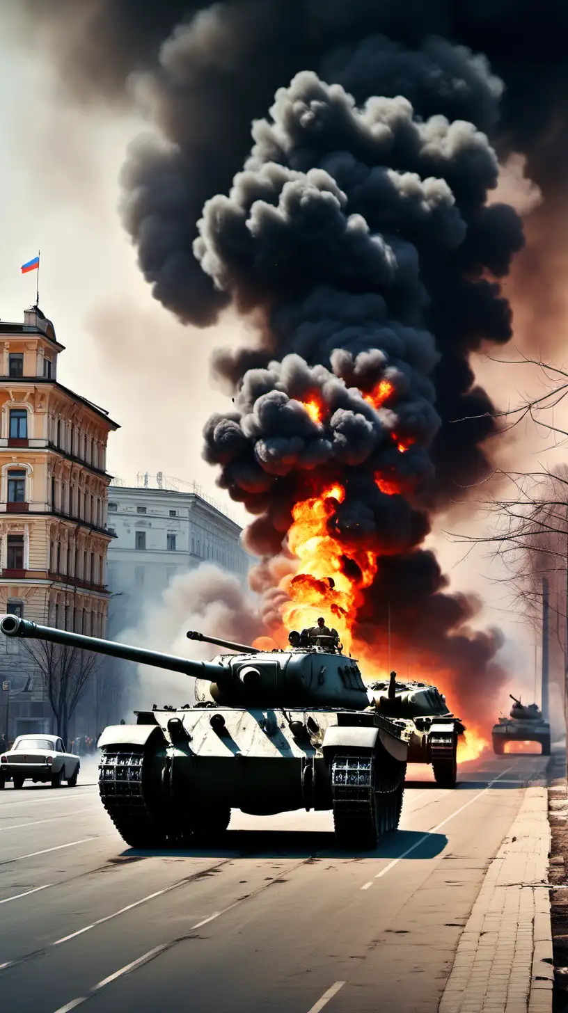 Second World War, there are Russian tanks on the battlefield in the city, there is fire around

