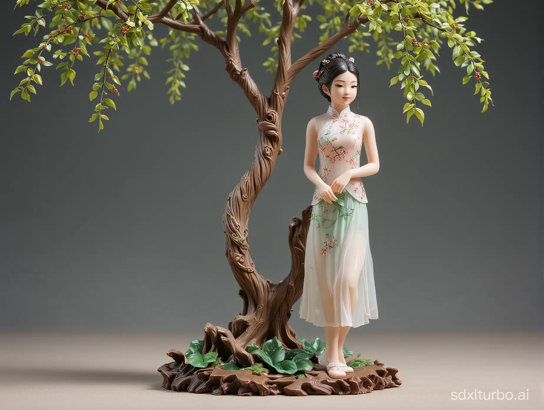 a Resin Figure of young girl  with ultrashort translucent chiffon cheongsam stand by a tree