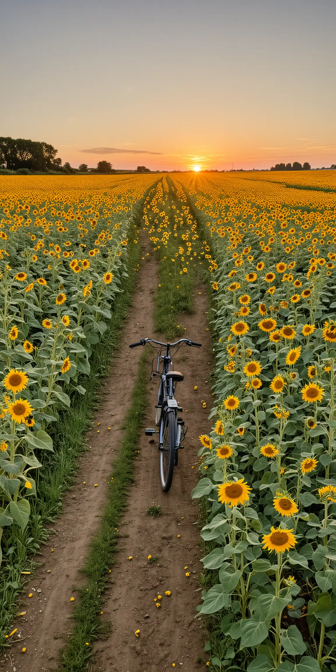 wschód słońca. pola pełne słoneczników, droga rowerowa. 