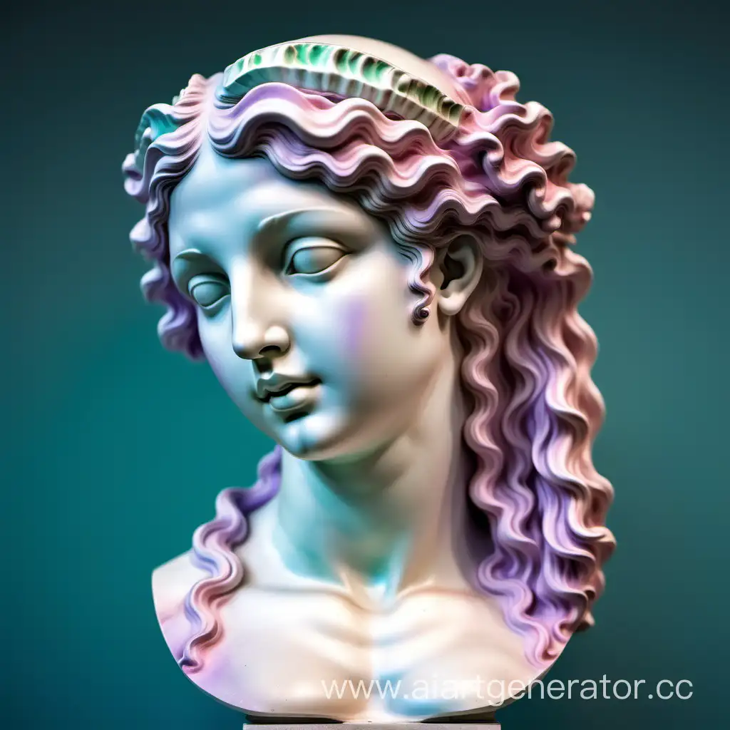 римская статуя венеры головы, шеи, плеч девушки в современном стиле с длинными волосами, идеальными чертами лица в перламутровых цветах: розовый, зеленый, голубой, сиреневый
