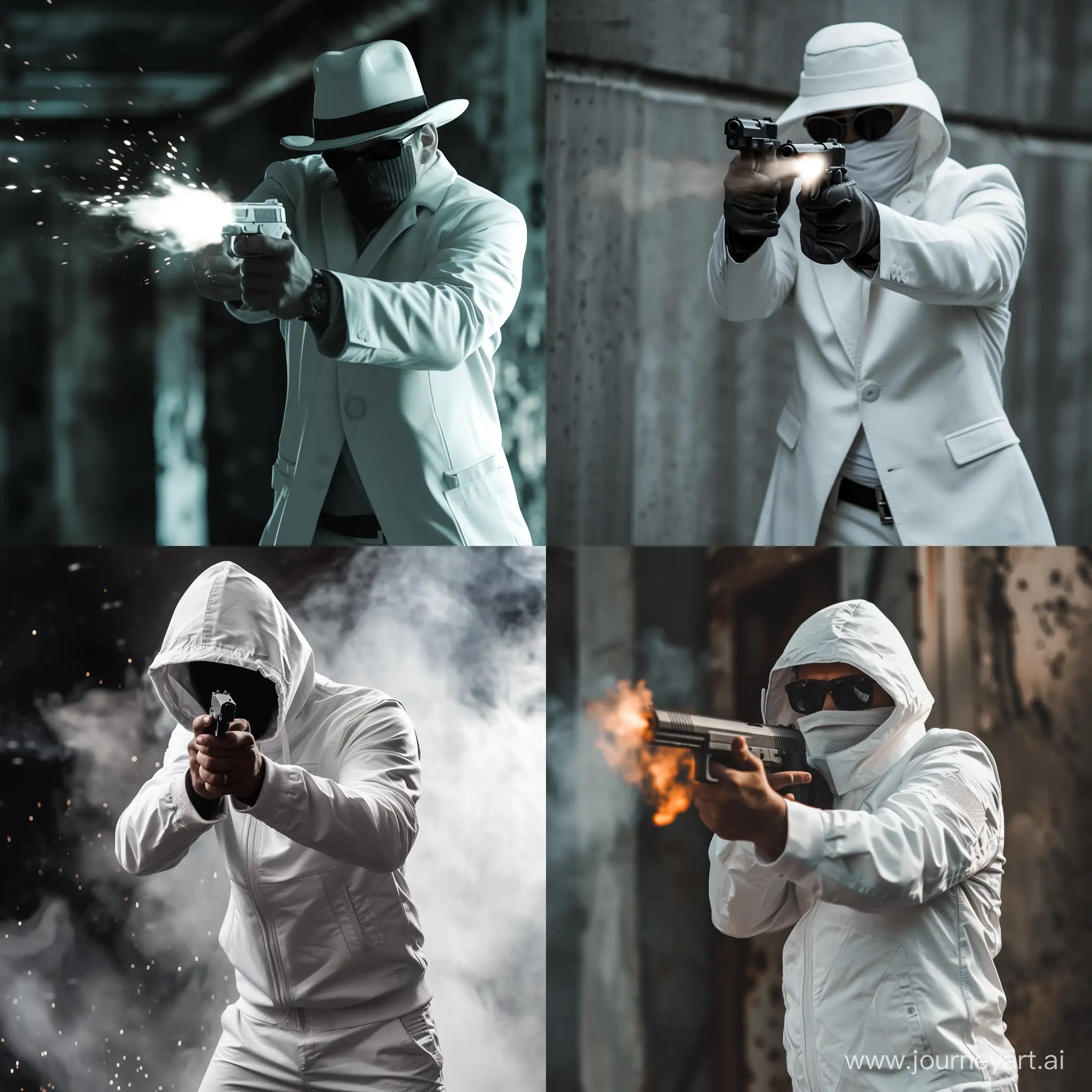Guy in white mafia shooting gun realistic 8K 