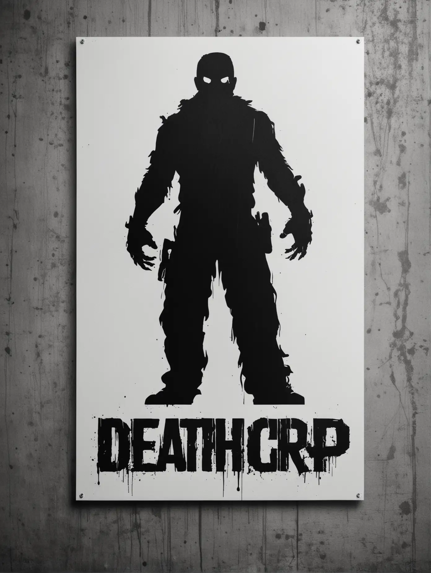 stencil, minimalist, simple, vector art, black and white, silhouette, negative space, grindhouse movie poster, "Death Grip" monster