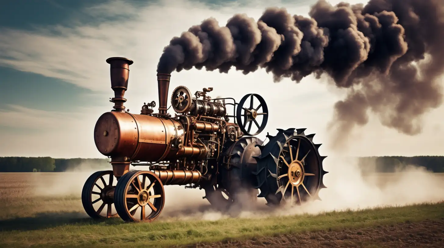 Staempunk big tractor power engine steam smoke in field