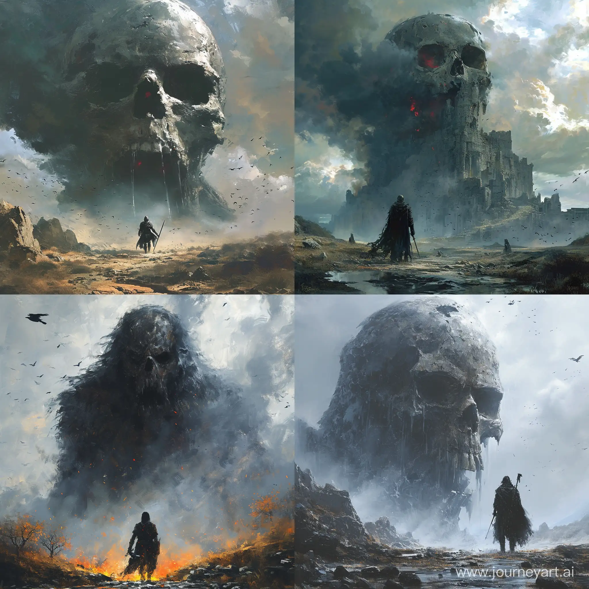 Anime-Warrior-Confronts-Giant-Skull-in-Desolate-Land