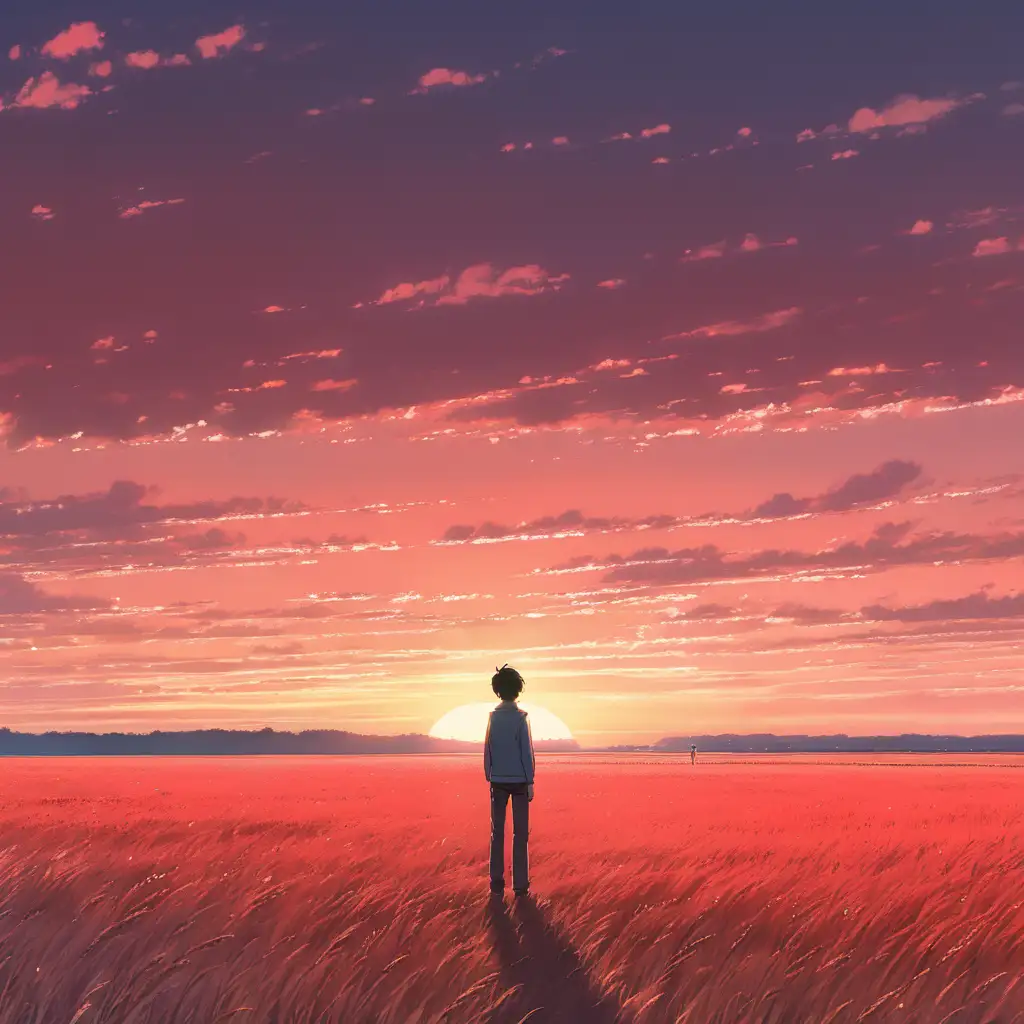 Person stood in a field, looking down to the floor. Red sky sunset. Makoto Shinkai art style. No imperfections.