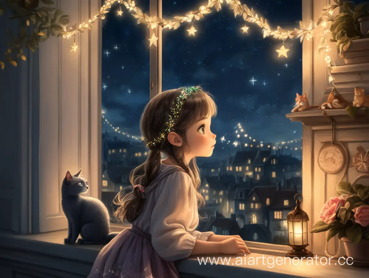 Girl-Looking-Out-Window-with-Illuminated-Garland-and-Cat-in-FairyTale-Night-Setting