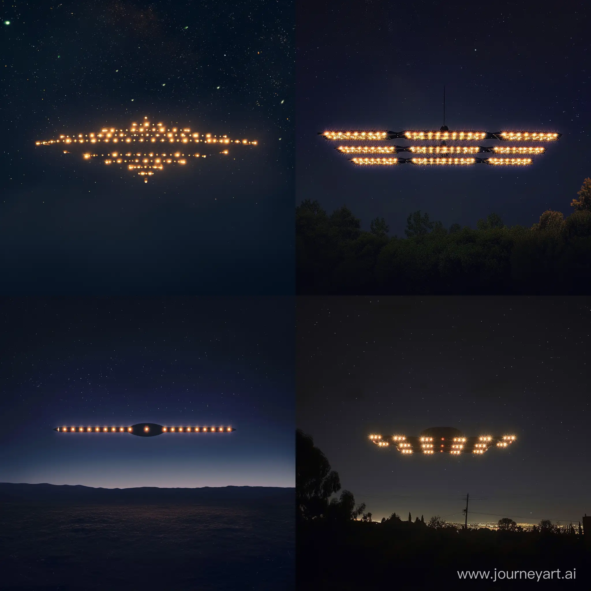 в ночном небе Невидимый летающий объект на котором расположены в два параллельных ряда более сорока огоньков 
