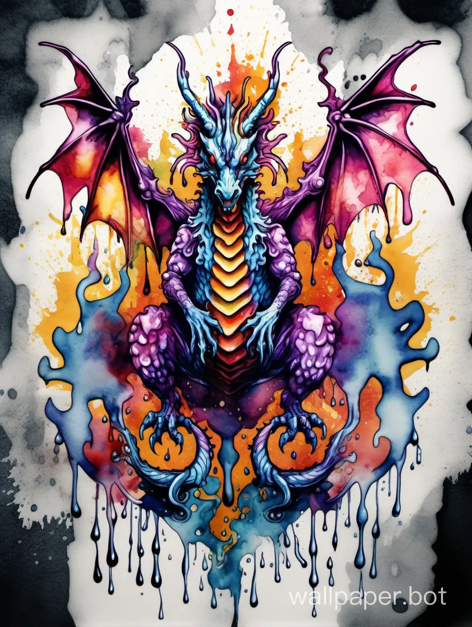 spectacular Rorschach illustration of ornamental elegance of dragon, surreal, sfumato high contrast multicolor watercolor, dripping, melting, sticker art