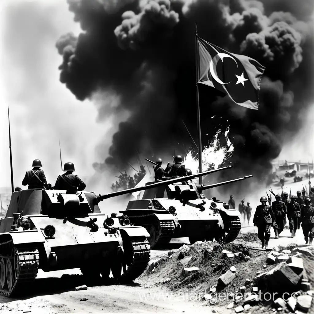 Бой в 1939 году при городе Малатья в Турции. Бронеавтомобили и пехота против танков Турции. Пехота одерживает верх. Флаг турции горит на фоне. Кругом взрывы.