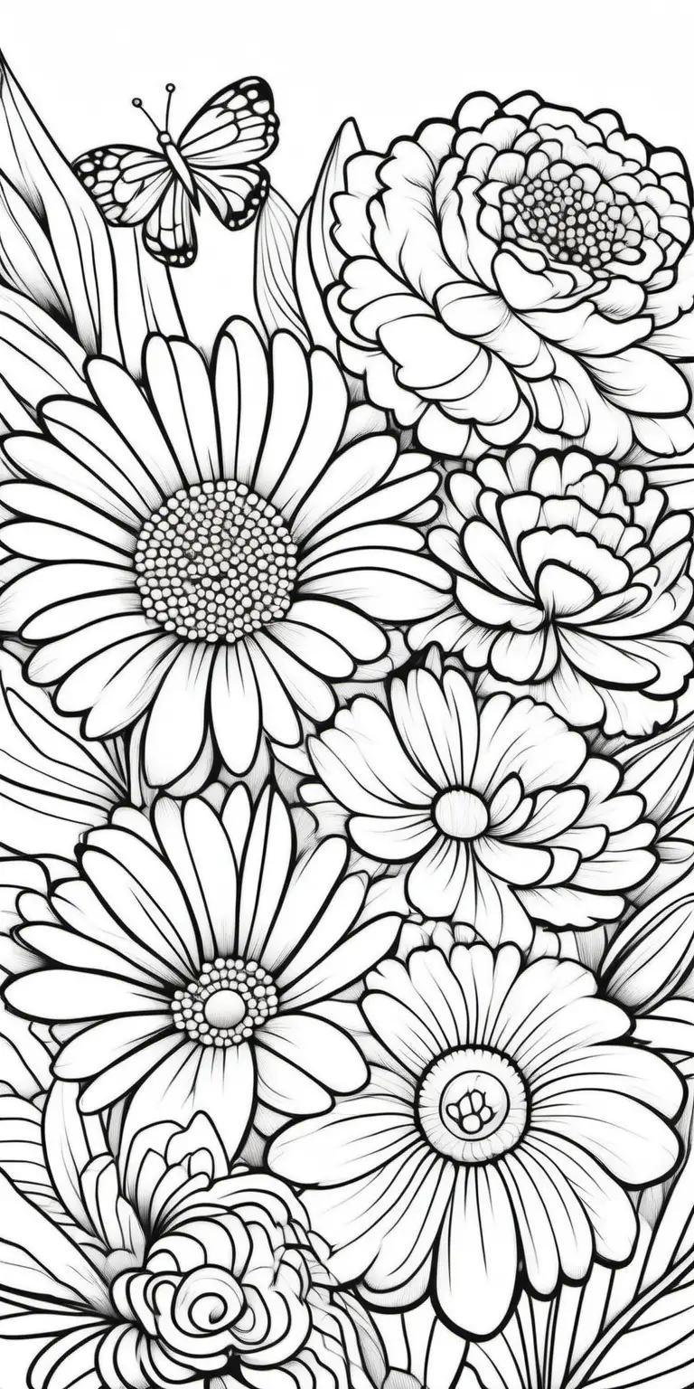 Floral Coloring Page with Vibrant and Detailed Flowers