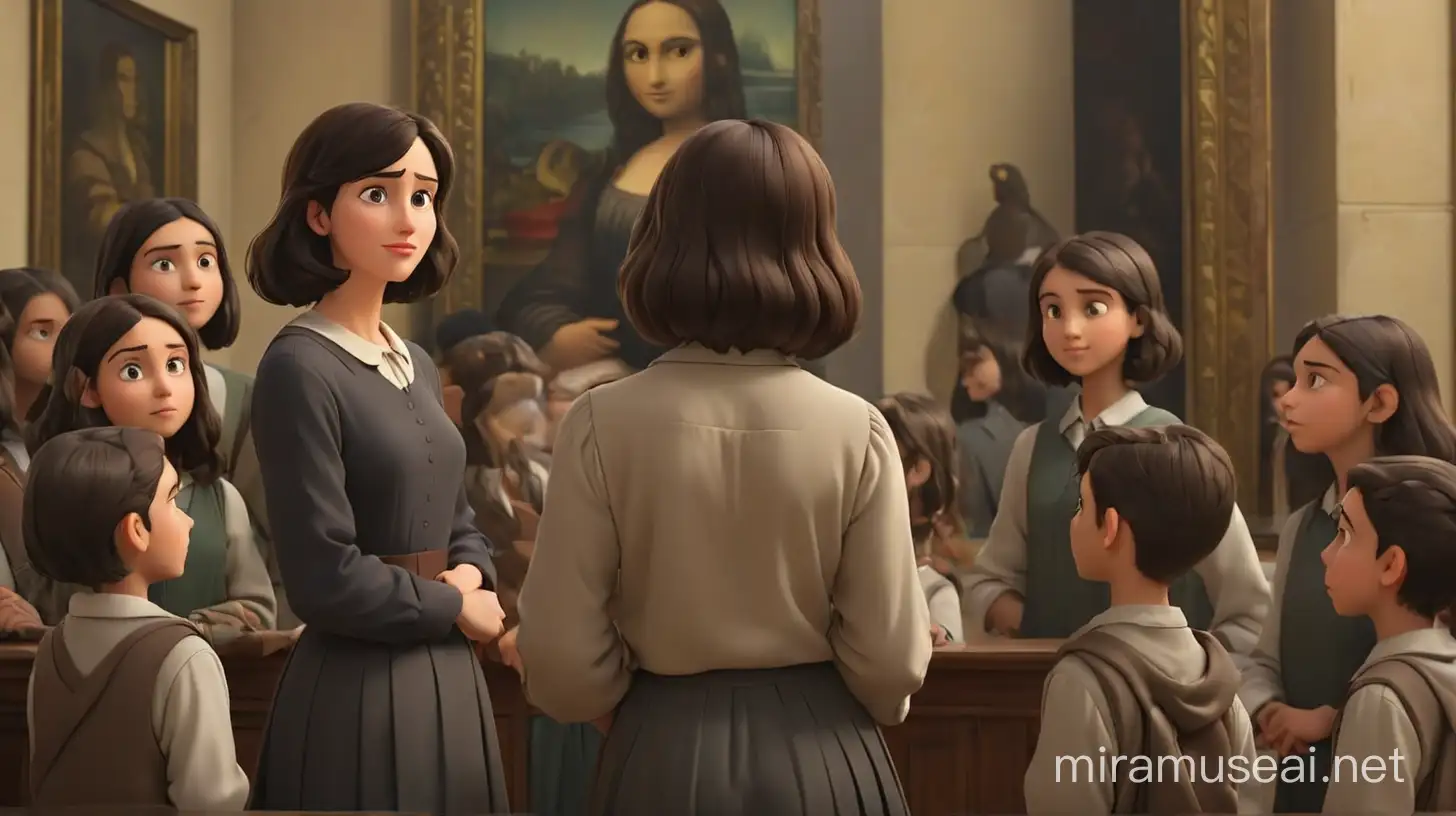 3D illustrator of an animated scene of  teacher , with short dark hair , standing with her students  looking to the mona  liza painting   in the museum   (from their back )  ( from their back all of them), cartoon style
