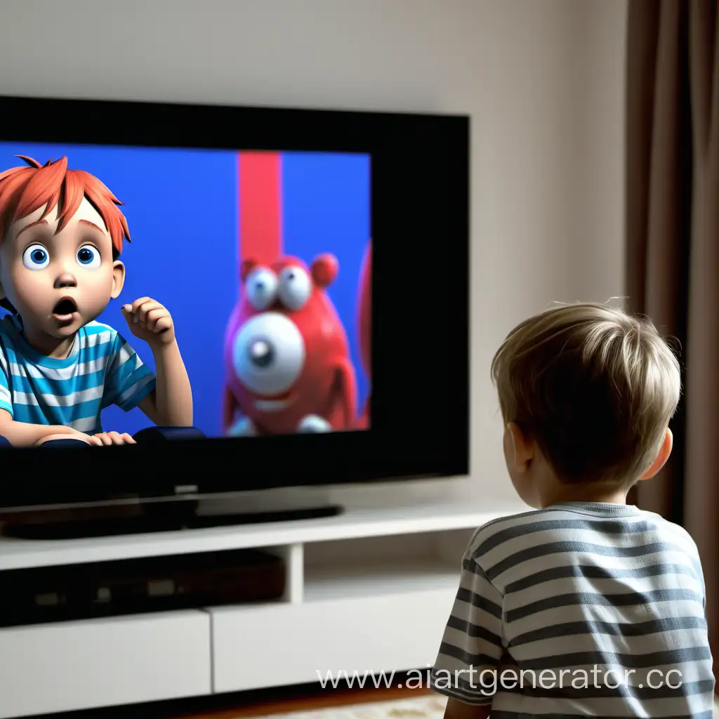 мальчик смотрит мультики по телевизору 

