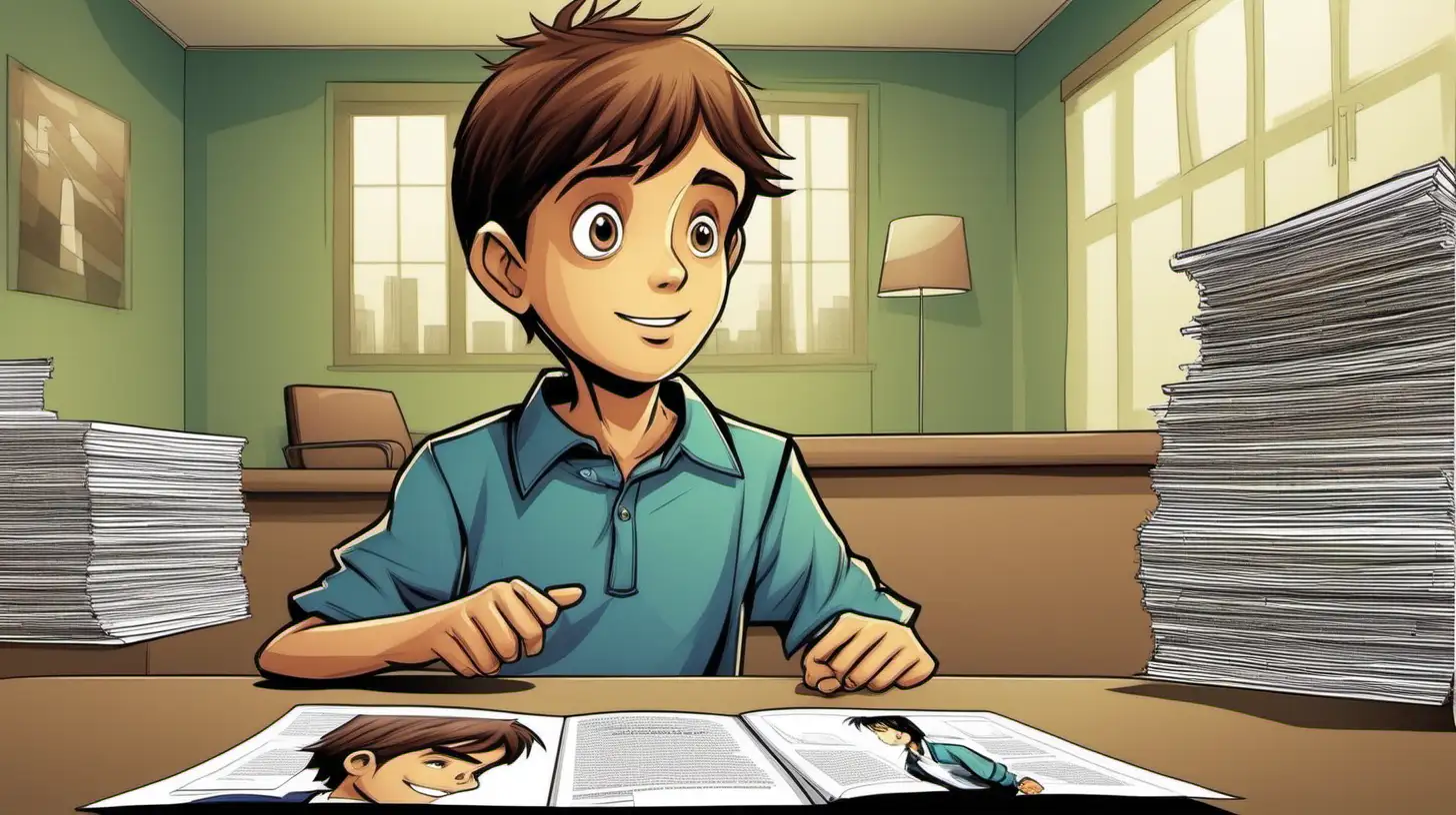 illustrate A table full of brochures is in a room. a ten years old brown hair boy is looking at them