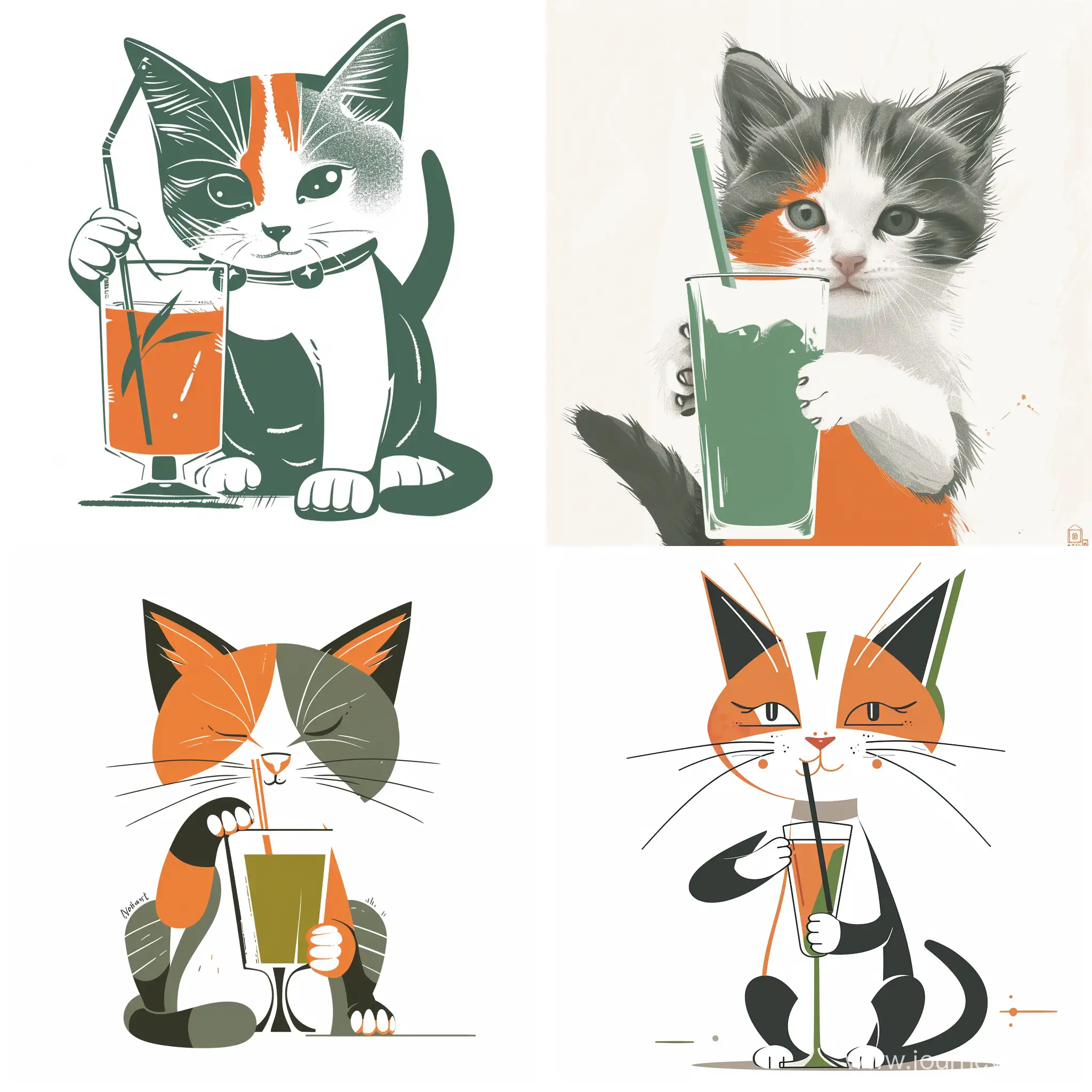 A very minimalistic monochrome kitten holding a glass with a cocktail and a straw, on a white background colors: orange, green, white, gray