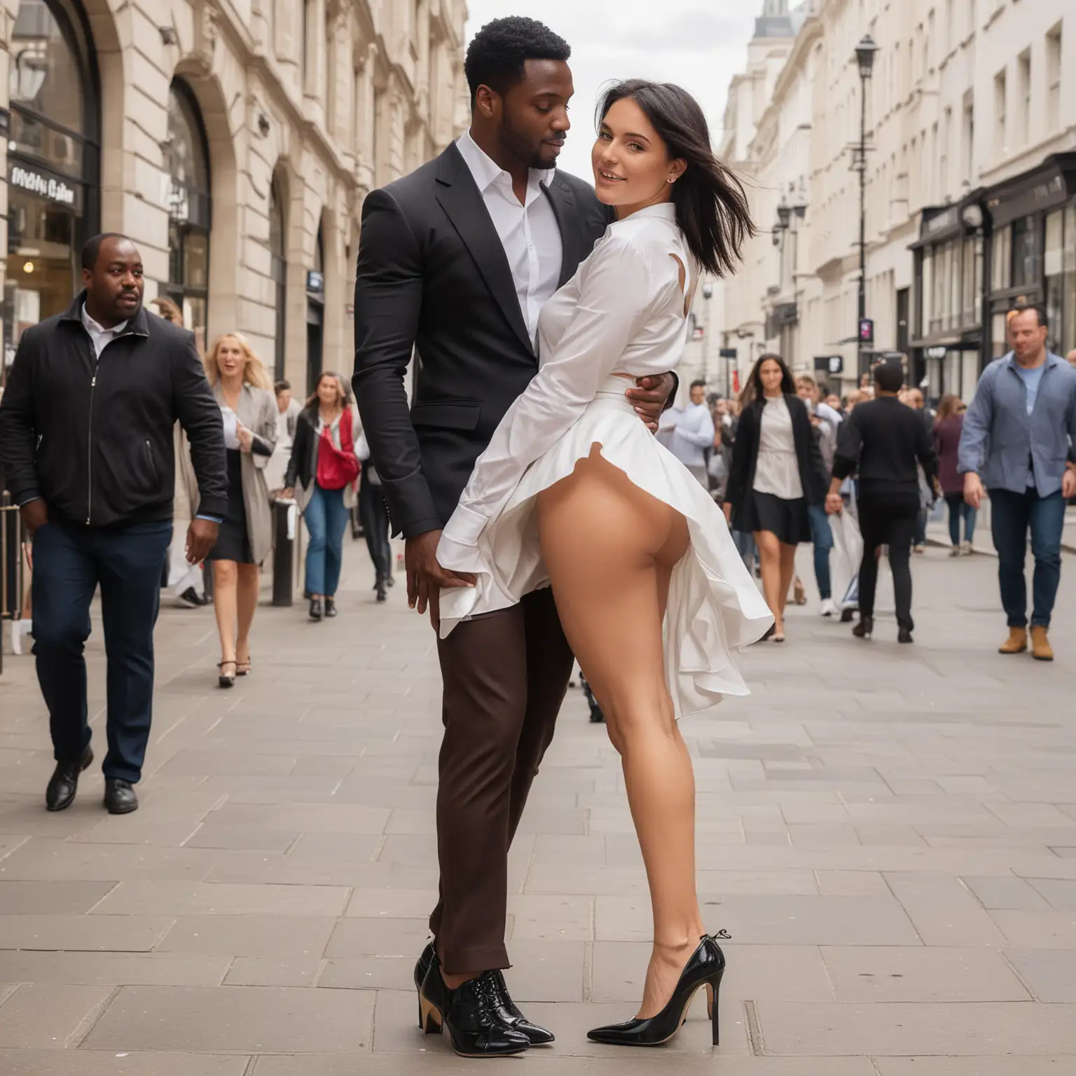 White woman, black hair, side shot, full body shot, wearing micro skirt high heels , curved back, busty body, hugged by a black men, oxford street
Lifted skirt by wind, looking at viewer