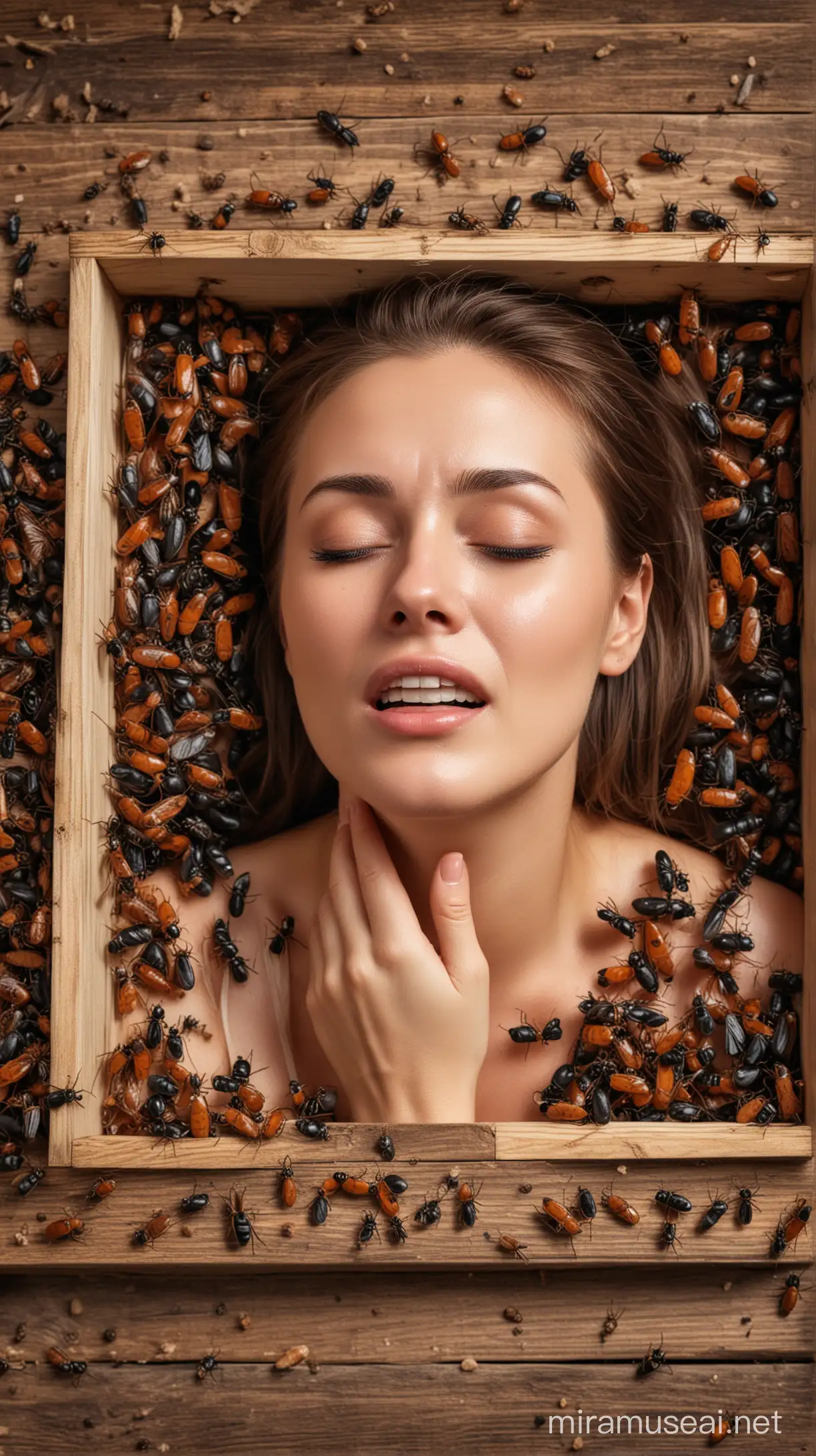 Crying woman laying in wooden box and many insects are eating her 