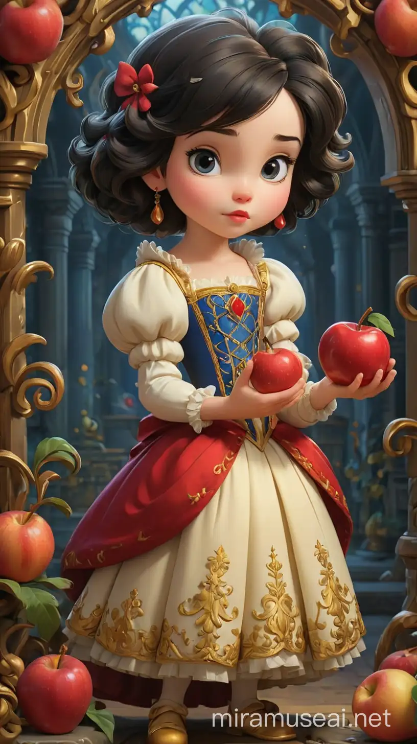 Create an ultra-detailed Baroque-style chibi illustration of a 7-year-old Snow White, inspired by the Disney version.  holding a red apple in one hand. Include intricate Rococo ornamentation throughout the scene.