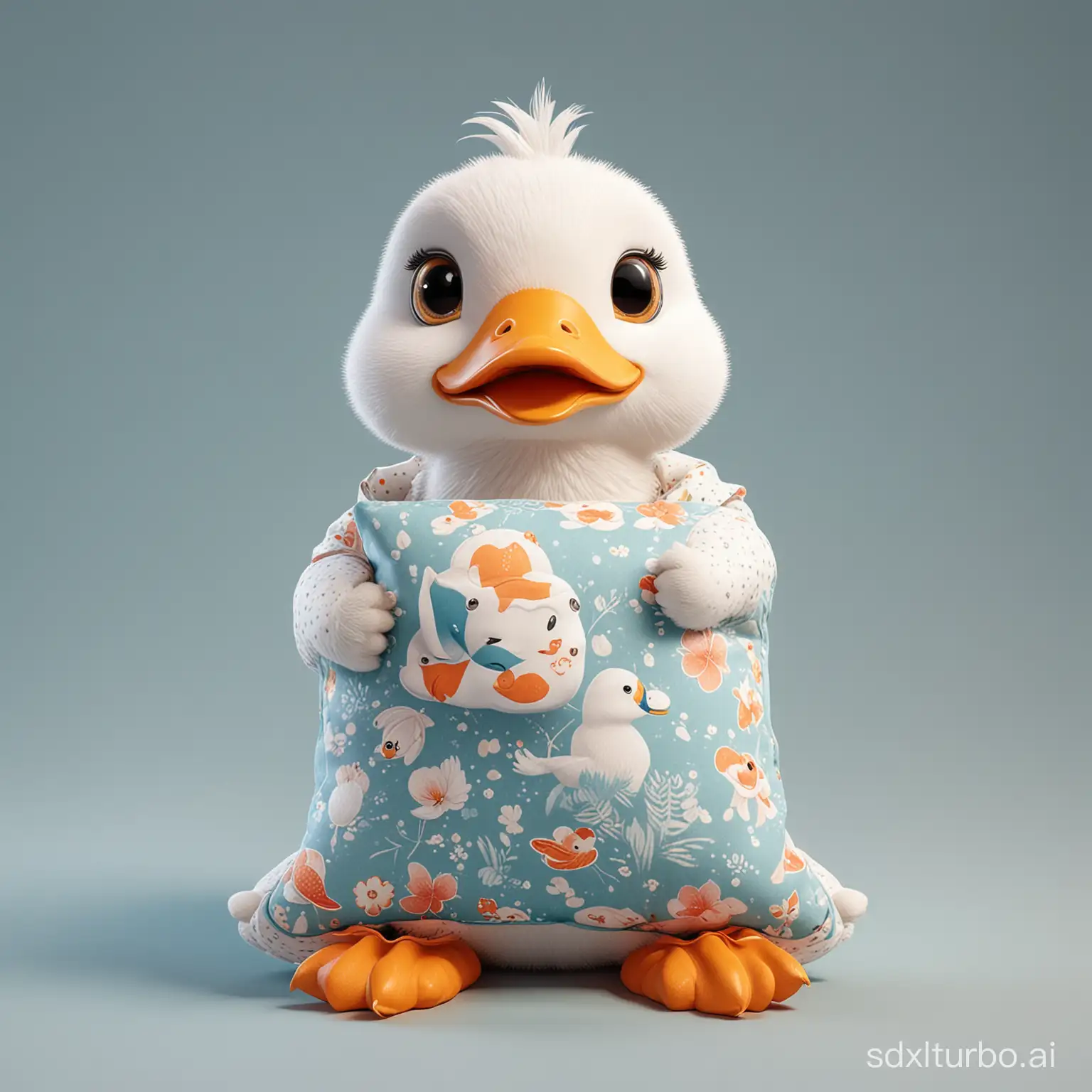 A white duck, anthropomorphized, wearing casual clothes, holding a square pillow with a koi fish pattern in its hands, cute, with bright and large eyes, in a 3D Disney style