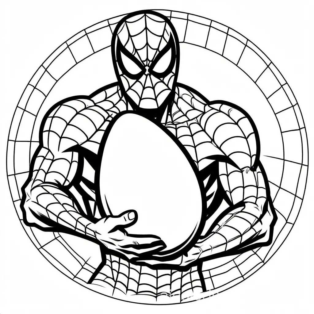 spider man holding a large egg with both hands, Coloring Page, black and white, line art, white background, Simplicity, Ample White Space. The background of the coloring page is plain white to make it easy for young children to color within the lines. The outlines of all the subjects are easy to distinguish, making it simple for kids to color without too much difficulty