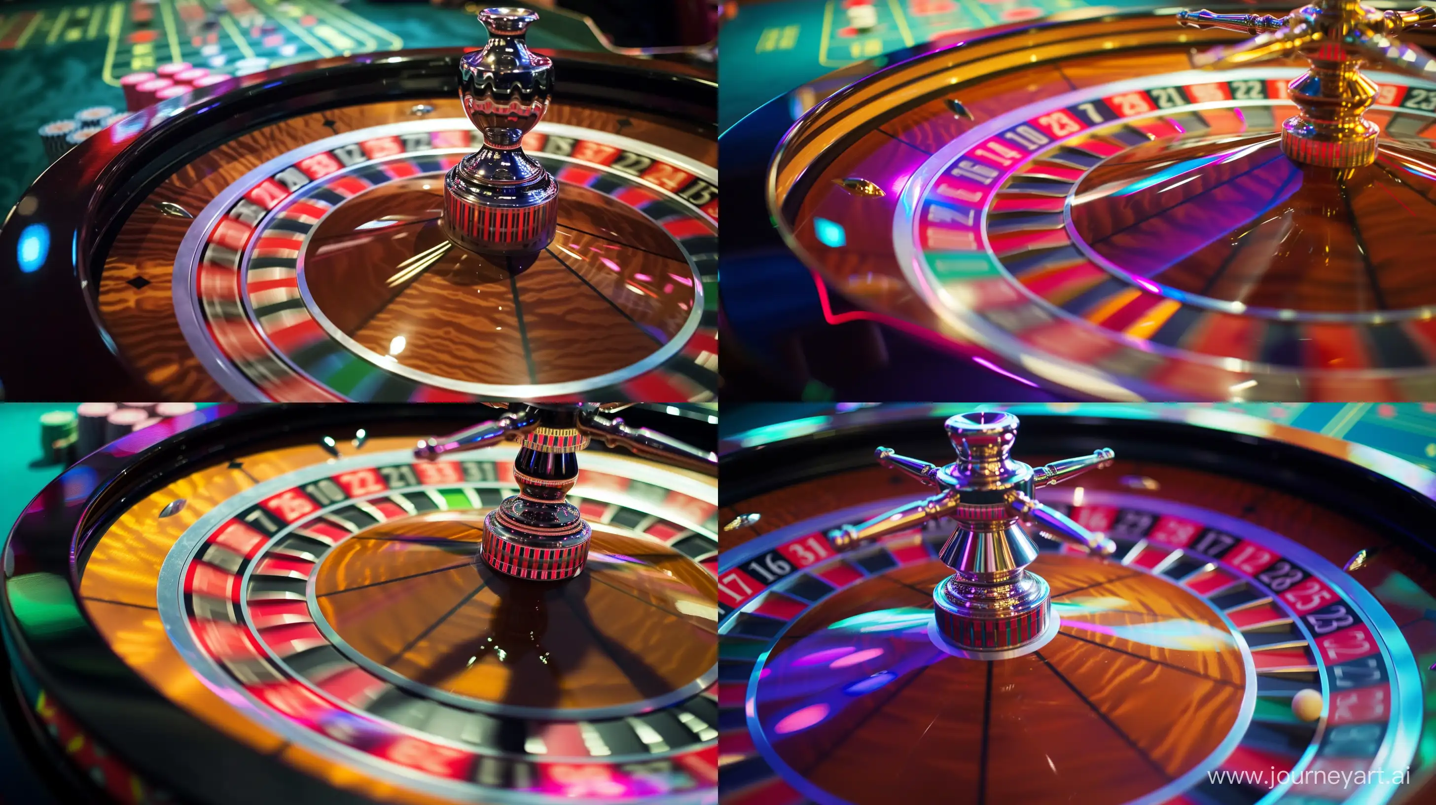 Colorful roulette wheel in motion, capturing the excitement of a spin, with the blurred motion of the ball in mid-air --aspect 16:9 --v 6.0 --style raw