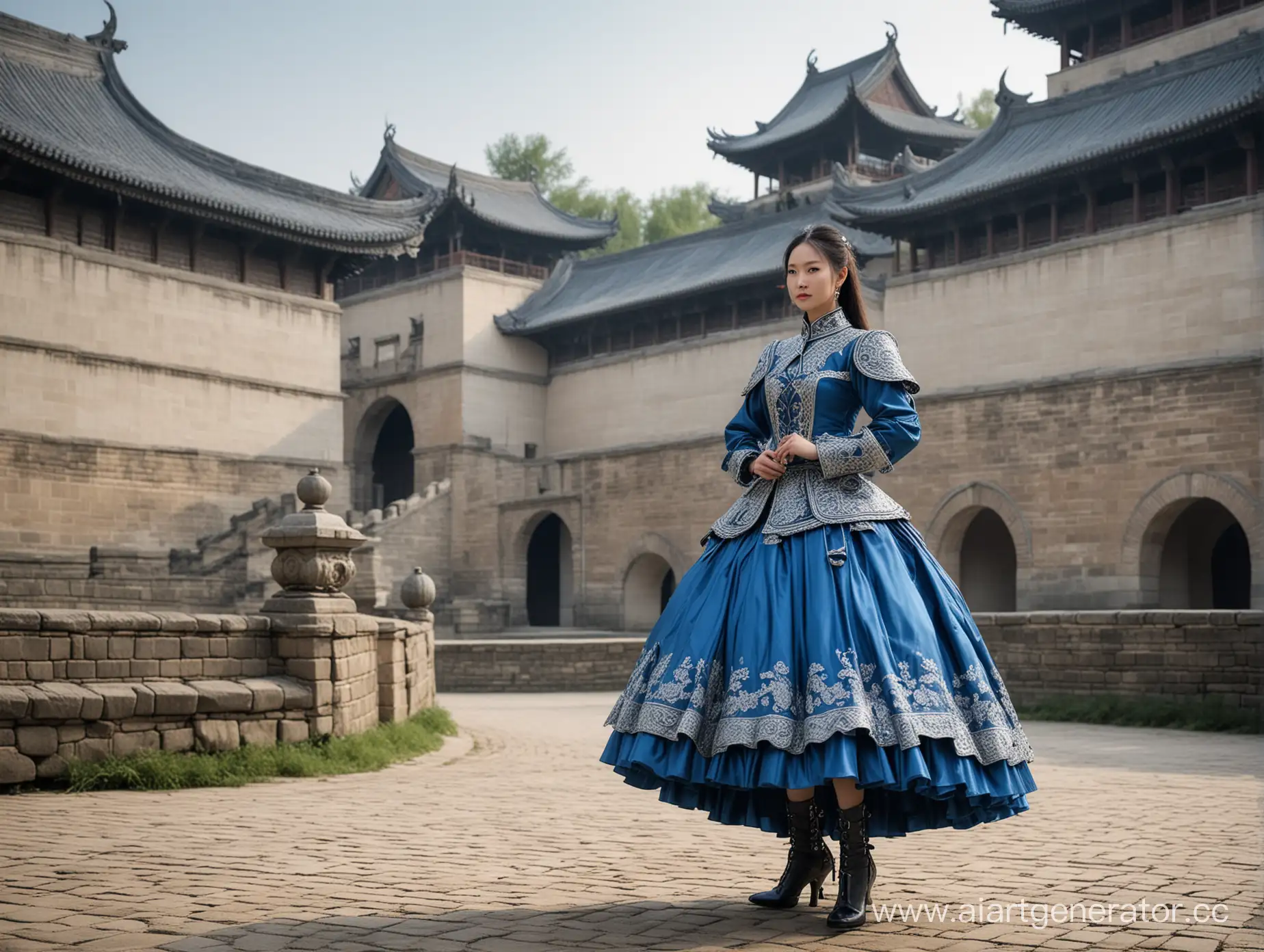 Warrior-Woman-Miao-Ying-in-Shiny-Blue-Armor-on-Chinese-Castle-Battlefield