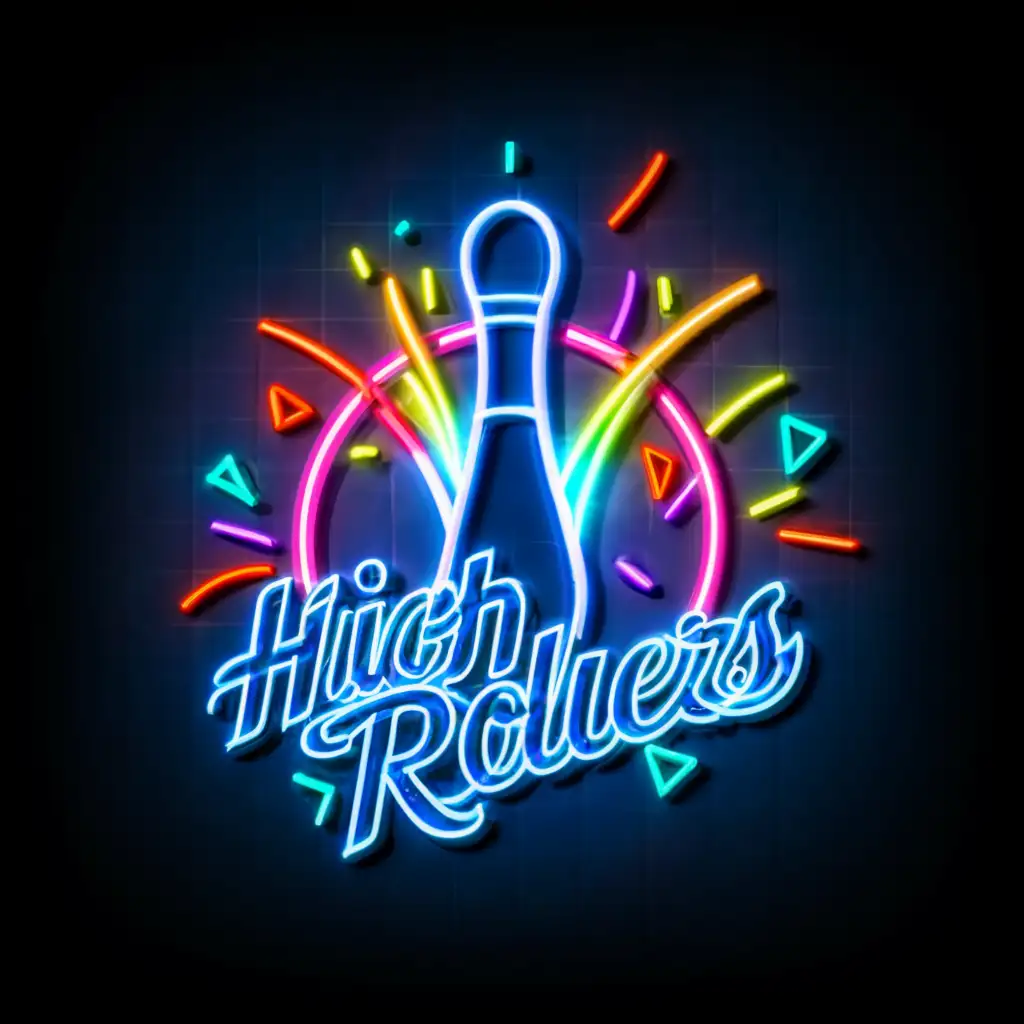 a logo design,with the text "High Rollers", main symbol:smoke coming from a bowling pin with neon lights in a circle
,complex,clear background