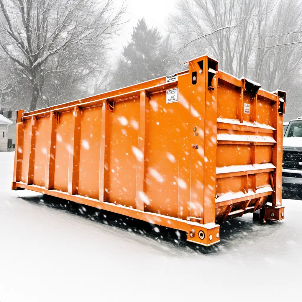 30 yard orange dumpster in a snowstorm